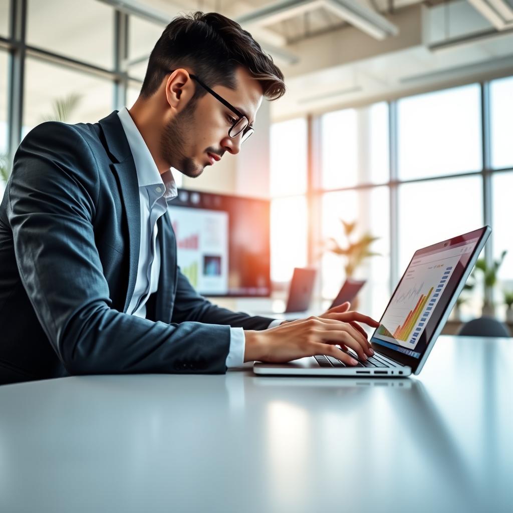 A modern office setting focusing on the concept of online auto insurance rate comparison. In the foreground, a professional-looking person in business attire, sitting at a sleek desk, intently examining various charts and graphs on a laptop screen displaying auto insurance rates. In the middle, a large monitor is visible with colorful visualizations of comparison data. The background features a bright, airy office with large windows allowing natural light to flood in, creating an open and inviting atmosphere. Soft shadows from indoor plants add a touch of greenery. The overall mood should convey professionalism, clarity, and a sense of technological advancement, highlighting the importance of making informed decisions regarding auto insurance rates.