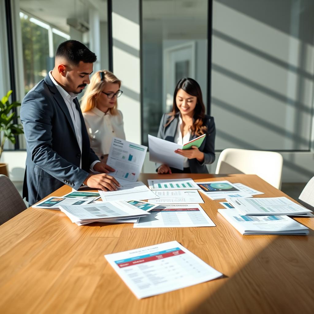 A modern office setting with a large wooden table as the foreground, featuring an array of health insurance brochures and comparison charts spread out. In the middle, two diverse professionals in business attire are actively discussing the options, with one pointing to a specific chart and the other taking notes. The background should include a large window allowing natural sunlight to pour in, casting soft shadows on the table and creating a welcoming atmosphere. Use a shallow depth of field to keep the focus on the professionals and the documents. Capture the mood of collaboration and decision-making, emphasizing clarity and information sharing. The lighting should be bright yet soft, enhancing the professional environment without harsh contrasts.