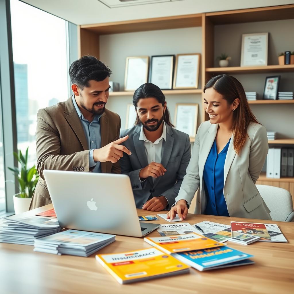 A modern office space featuring a diverse group of three professionals engaged in a discussion about home insurance quotes. In the foreground, a neatly organized table displays multiple colorful home insurance quote brochures and a laptop open to a comparison website. The middle layer shows two men and one woman in professional business attire, actively comparing notes and pointing at the screen, with expressions of focus and collaboration. The background includes shelves with certifications and a window revealing a bright cityscape, suggesting a successful insurance agency. Soft, natural lighting filters in, creating a warm and inviting atmosphere, ideally shot from a slightly elevated angle to capture the interaction and details on the table.
