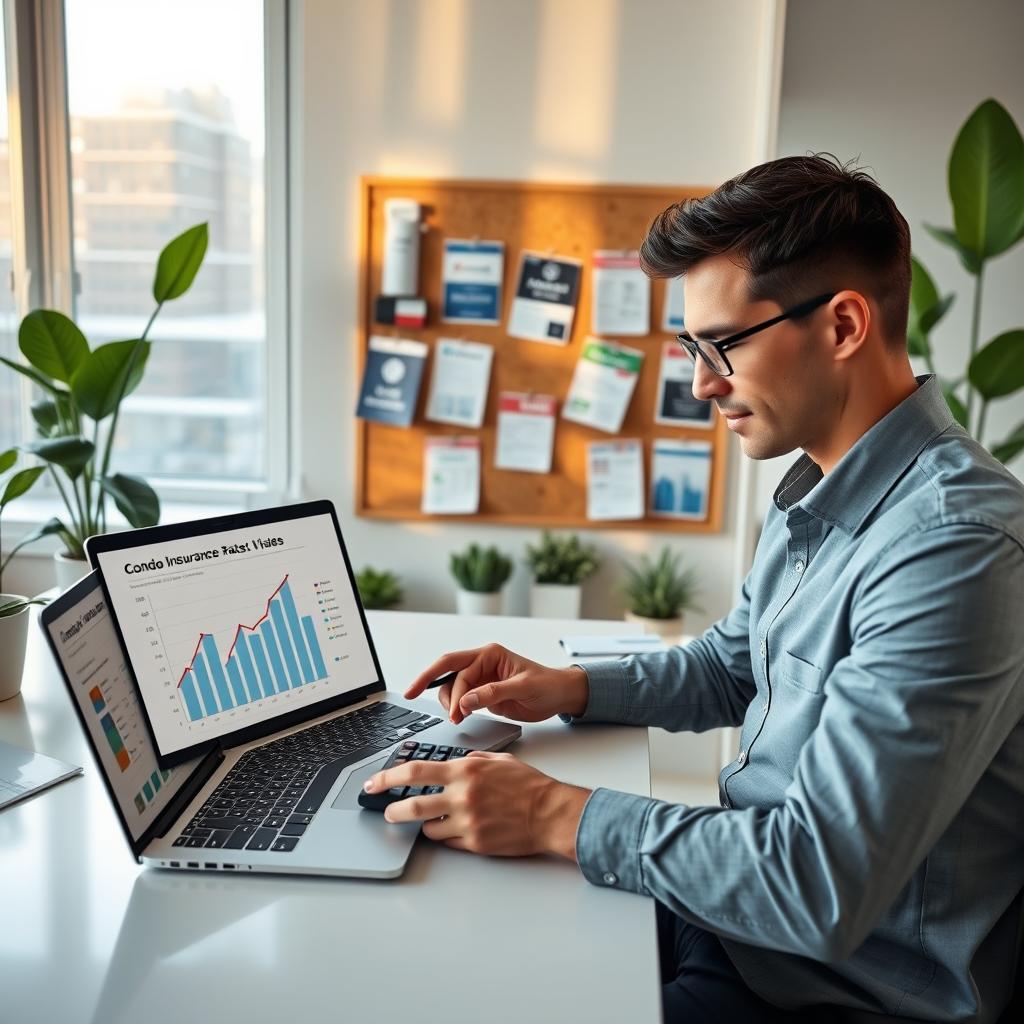 A modern, well-furnished home office setting, featuring a sleek desk with a laptop open to a graph comparing condo insurance rates. In the foreground, a professional individual in business attire uses a calculator and takes notes, displaying a focused expression. The middle ground features a corkboard with various insurance brochures pinned up, highlighting different companies. In the background, a large window allows warm, natural light to flood the room, casting soft shadows, while a couple of leafy houseplants add a touch of greenery. The atmosphere is calm and productive, conveying a sense of diligence and professionalism in securing ideal insurance rates. A modern, well-furnished home office setting, featuring a sleek desk with a laptop open to a graph comparing condo insurance rates. In the foreground, a professional individual in business attire uses a calculator and takes notes, displaying a focused expression. The middle ground features a corkboard with various insurance brochures pinned up, highlighting different companies. In the background, a large window allows warm, natural light to flood the room, casting soft shadows, while a couple of leafy houseplants add a touch of greenery. The atmosphere is calm and productive, conveying a sense of diligence and professionalism in securing ideal insurance rates.