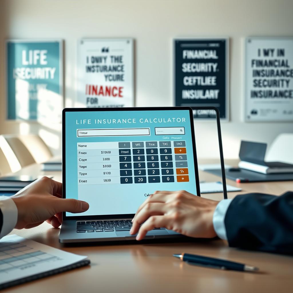 A modern, well-organized office desk featuring a life insurance calculator prominently displayed on a sleek laptop screen. In the foreground, a pair of professional hands, dressed in business attire, engage with the calculator interface, showcasing various inputs. The middle ground includes scattered business tools like a notepad, a pen, and financial documents, suggesting active research. In the background, a soft-focus view of motivational posters related to financial security and insurance concepts adorns the office walls, adding depth. The scene is well-lit with natural sunlight filtering through a window, casting gentle shadows, creating an inviting and professional atmosphere. The overall mood is focused, informative, and approachable, ideal for fostering understanding of life insurance calculators. A modern, well-organized office desk featuring a life insurance calculator prominently displayed on a sleek laptop screen. In the foreground, a pair of professional hands, dressed in business attire, engage with the calculator interface, showcasing various inputs. The middle ground includes scattered business tools like a notepad, a pen, and financial documents, suggesting active research. In the background, a soft-focus view of motivational posters related to financial security and insurance concepts adorns the office walls, adding depth. The scene is well-lit with natural sunlight filtering through a window, casting gentle shadows, creating an inviting and professional atmosphere. The overall mood is focused, informative, and approachable, ideal for fostering understanding of life insurance calculators.