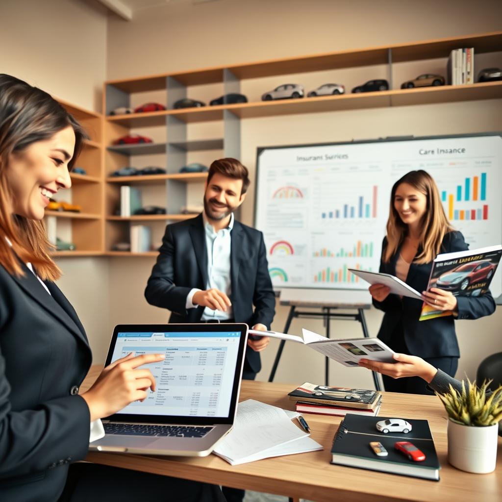 A modern, well-organized office setting featuring a diverse group of professionals comparing car insurance options. In the foreground, a smiling woman in smart business attire points at a laptop screen displaying various car insurance quotes. Beside her, a man in a suit takes notes on a notepad, while another team member, dressed in business casual, holds an insurance brochure. In the middle ground, a large whiteboard displays colorful charts and graphs related to insurance rates. The background has shelves filled with car models and insurance-related books, with warm, natural lighting creating an inviting atmosphere. The angle is slightly elevated, offering a clear view of the teamwork and collaboration. The mood is focused and productive, emphasizing the importance of making informed choices in car insurance.