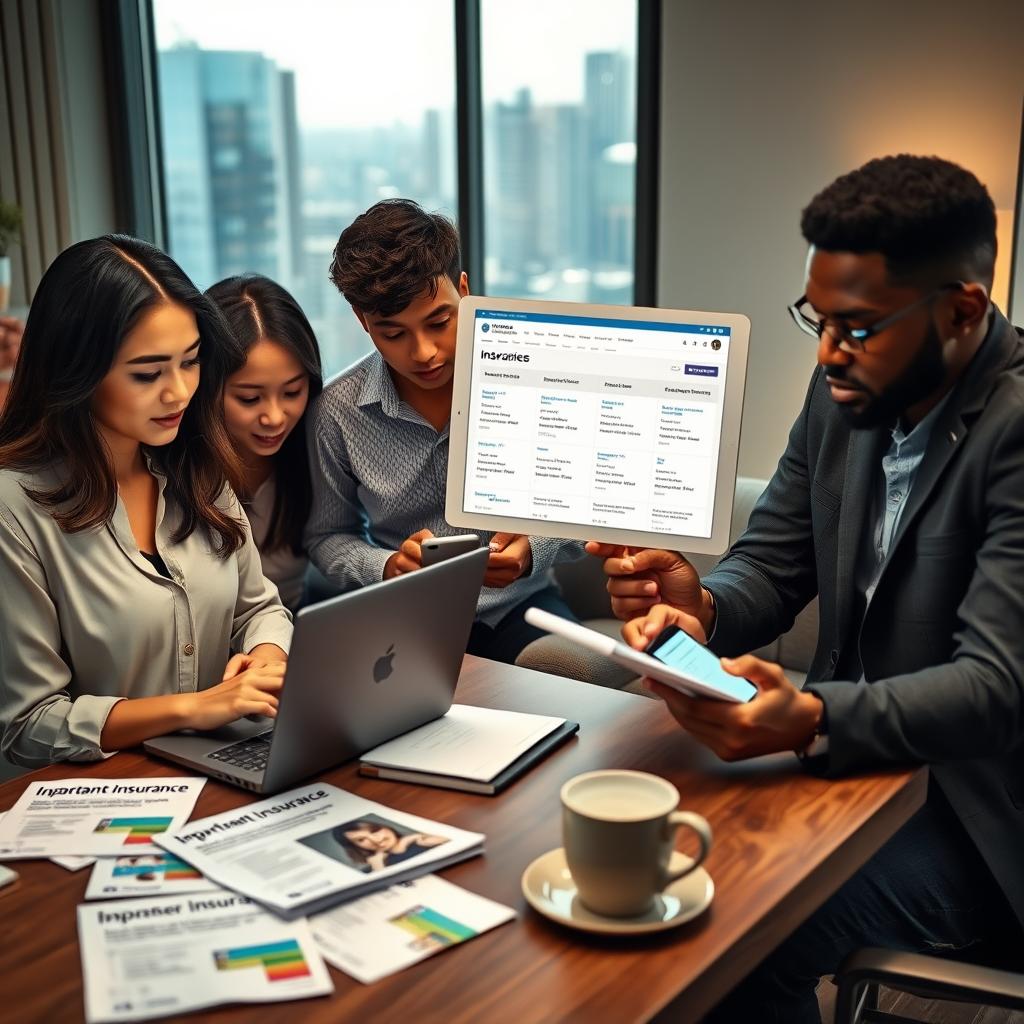 A modern workspace filled with a diverse group of young professionals comparing apartment insurance quotes online. In the foreground, one person, a woman of Asian descent in a smart blouse, intently examines a laptop screen displaying various insurance options. Next to her, a man of African descent in a casual yet professional outfit takes notes on a notepad. The middle ground features a stylish desk with insurance pamphlets scattered around, a smartphone with a comparison app open, and a cup of coffee. The background showcases a large window with natural light streaming in, revealing a city skyline. The overall atmosphere is focused and collaborative, emphasizing the importance of comparing quotes to find the best rates. Soft, warm lighting enhances the inviting work environment, suggesting a productive and professional mood.