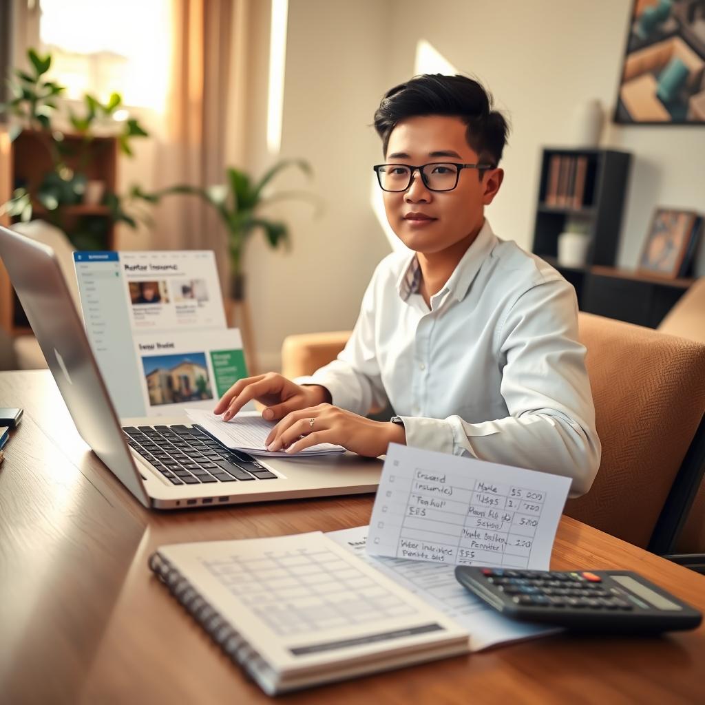 A person sitting at a home office desk, reviewing options for renters insurance, with a laptop open displaying different insurance provider websites. In the foreground, a notepad filled with handwritten notes and a calculator, hinting at budgeting considerations. In the middle, the individual, a young adult of Asian descent, dressed in smart casual attire, looking focused and thoughtful, surrounded by paperwork. The background features a cozy, well-lit living space with a plant and a bookshelf, conveying a sense of comfort and security. Soft sunlight filters through a window, creating a warm atmosphere that suggests a smart decision-making process. The scene captures a feeling of optimism and empowerment in managing finances effectively. A person sitting at a home office desk, reviewing options for renters insurance, with a laptop open displaying different insurance provider websites. In the foreground, a notepad filled with handwritten notes and a calculator, hinting at budgeting considerations. In the middle, the individual, a young adult of Asian descent, dressed in smart casual attire, looking focused and thoughtful, surrounded by paperwork. The background features a cozy, well-lit living space with a plant and a bookshelf, conveying a sense of comfort and security. Soft sunlight filters through a window, creating a warm atmosphere that suggests a smart decision-making process. The scene captures a feeling of optimism and empowerment in managing finances effectively.