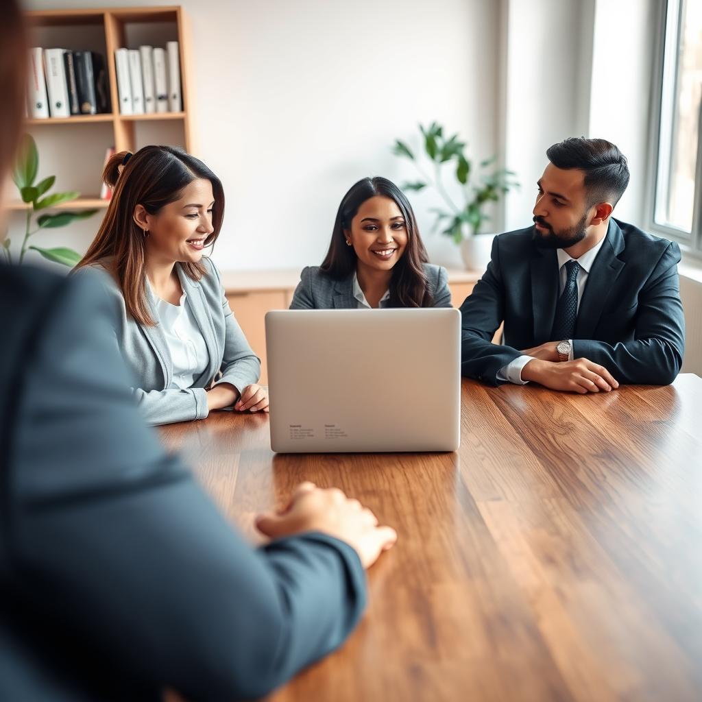 A professional and comforting health insurance consultation scene set in a well-lit office. In the foreground, a diverse group of three individuals, two women and one man, is seated around a polished wooden table, discussing health insurance options. They are dressed in smart business attire, exuding a collaborative atmosphere. In the middle, a laptop is open displaying graphs and infographics about healthcare statistics, symbolizing the importance of understanding health insurance. In the background, a bookshelf filled with medical books and a plant adds warmth to the environment. Soft, natural lighting filters through a window, creating an inviting and supportive mood that emphasizes trust, security, and the significance of having the right health insurance coverage. A professional and comforting health insurance consultation scene set in a well-lit office. In the foreground, a diverse group of three individuals, two women and one man, is seated around a polished wooden table, discussing health insurance options. They are dressed in smart business attire, exuding a collaborative atmosphere. In the middle, a laptop is open displaying graphs and infographics about healthcare statistics, symbolizing the importance of understanding health insurance. In the background, a bookshelf filled with medical books and a plant adds warmth to the environment. Soft, natural lighting filters through a window, creating an inviting and supportive mood that emphasizes trust, security, and the significance of having the right health insurance coverage.