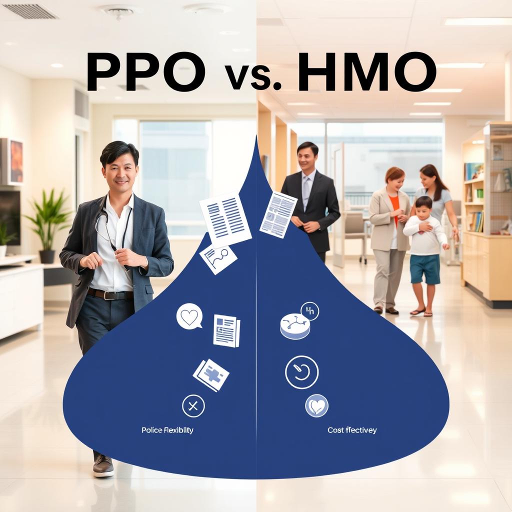 A professional and informative comparison image illustrating "PPO vs HMO insurance." In the foreground, depict two side-by-side paths: one representing PPO with a flexible approach, showing a business professional in smart attire discussing options with a doctor in a medical office; the other representing HMO, featuring a more structured pathway with a healthcare plan brochure and a family with a young child visiting a clinic. In the middle ground, include visual elements like policy documents, charts, or icons symbolizing healthcare access and network structures, contrasting flexibility and cost-effectiveness. The background should feature a split scene showing a calm office environment on the PPO side and a welcoming clinic on the HMO side. Utilize soft, even lighting to create a balanced atmosphere, capturing both options' essence clearly and professionally. A professional and informative comparison image illustrating "PPO vs HMO insurance." In the foreground, depict two side-by-side paths: one representing PPO with a flexible approach, showing a business professional in smart attire discussing options with a doctor in a medical office; the other representing HMO, featuring a more structured pathway with a healthcare plan brochure and a family with a young child visiting a clinic. In the middle ground, include visual elements like policy documents, charts, or icons symbolizing healthcare access and network structures, contrasting flexibility and cost-effectiveness. The background should feature a split scene showing a calm office environment on the PPO side and a welcoming clinic on the HMO side. Utilize soft, even lighting to create a balanced atmosphere, capturing both options' essence clearly and professionally.