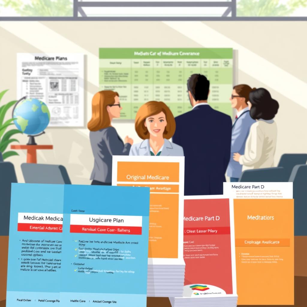 A professional and informative illustration depicting various Medicare coverage options. In the foreground, a well-organized display of Medicare plan brochures, with clear sections for Original Medicare, Medicare Advantage, and Medicare Part D. In the middle ground, a diverse group of individuals in business attire discussing the plans, showing engagement and interest. In the background, a softly focused office setting with a chart detailing coverage statistics on the wall and a globe symbolizing global health care. Natural light streams in through large windows, creating an inviting atmosphere. The overall mood is educational and supportive, encouraging viewers to explore their Medicare options with confidence. A professional and informative illustration depicting various Medicare coverage options. In the foreground, a well-organized display of Medicare plan brochures, with clear sections for Original Medicare, Medicare Advantage, and Medicare Part D. In the middle ground, a diverse group of individuals in business attire discussing the plans, showing engagement and interest. In the background, a softly focused office setting with a chart detailing coverage statistics on the wall and a globe symbolizing global health care. Natural light streams in through large windows, creating an inviting atmosphere. The overall mood is educational and supportive, encouraging viewers to explore their Medicare options with confidence.
