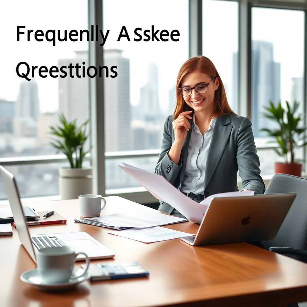 A professional and inviting office environment illustrating "Frequently Asked Questions" about professional liability insurance. In the foreground, a neatly organized wooden desk with a laptop, papers, and a coffee cup, suggesting productivity. The middle ground features a confident businesswoman in professional attire, thoughtfully reviewing documents and smiling, embodying a sense of assurance and expertise. In the background, a large window with natural light flooding the room, showcasing a city skyline, creating a modern and dynamic atmosphere. The scene is well-lit, highlighting the key elements with soft shadows, and captured from a slightly elevated angle to give depth and perspective, evoking a mood of professionalism, clarity, and trust. A professional and inviting office environment illustrating "Frequently Asked Questions" about professional liability insurance. In the foreground, a neatly organized wooden desk with a laptop, papers, and a coffee cup, suggesting productivity. The middle ground features a confident businesswoman in professional attire, thoughtfully reviewing documents and smiling, embodying a sense of assurance and expertise. In the background, a large window with natural light flooding the room, showcasing a city skyline, creating a modern and dynamic atmosphere. The scene is well-lit, highlighting the key elements with soft shadows, and captured from a slightly elevated angle to give depth and perspective, evoking a mood of professionalism, clarity, and trust.