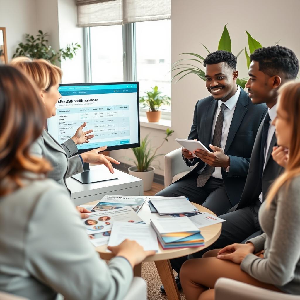 A professional and inviting scene depicting a diverse group of individuals engaged in a discussion about affordable health insurance options. In the foreground, a middle-aged woman in smart casual attire gestures towards a computer screen displaying a health insurance comparison website. Beside her, a young man in business attire nods thoughtfully, holding a notepad. In the middle ground, a small round table is cluttered with printed brochures and documents related to government health programs. The background features calming office decor with indoor plants and bright window light filtering in, creating an optimistic atmosphere. The composition should be warm and welcoming, capturing a sense of community support and accessible resources, all focused on making health insurance understandable and attainable.
