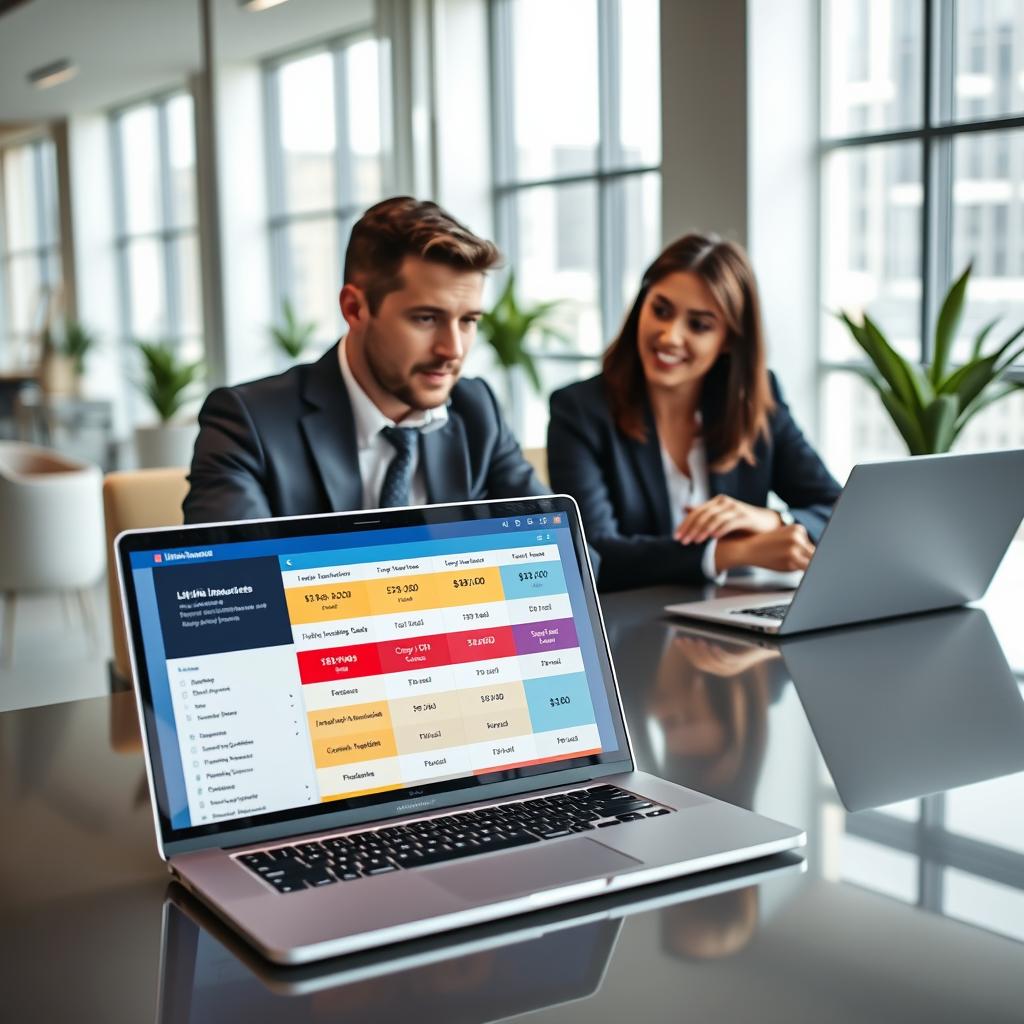 A professional and modern office setting showcasing two business professionals, one man and one woman, seated at a sleek conference table. They are engaged in a discussion while reviewing various life insurance quotes on a laptop. The foreground features a close-up of the laptop screen displaying a colorful comparison chart of insurance options, highlighting key features and prices. The middle ground includes the professionals dressed in business attire, focused and animated in conversation. The background features a bright, airy office with large windows letting in natural light, and decorative plants adding a touch of greenery. The atmosphere is collaborative and informative, encapsulating the essence of evaluating life insurance options effectively.
