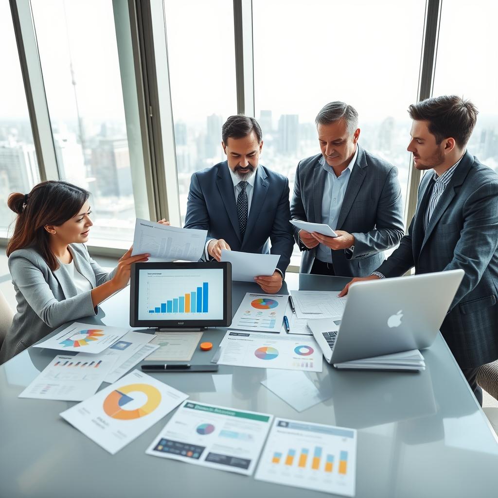 A professional and modern office setting where three diverse individuals are gathered around a sleek table covered with paperwork and charts. In the foreground, a focused woman in smart business attire is analyzing financial documents, while a middle-aged man gestures toward a comparative chart on a laptop screen. To the side, a younger man takes notes as he observes closely. The middle ground highlights colorful infographics and health plan pamphlets laid out neatly. In the background, large windows reveal a bright cityscape, symbolizing opportunity and clarity. Soft natural light illuminates the scene, creating a warm and collaborative atmosphere. The angle is slightly above eye level, giving a comprehensive view of the engaged discussion and materials.