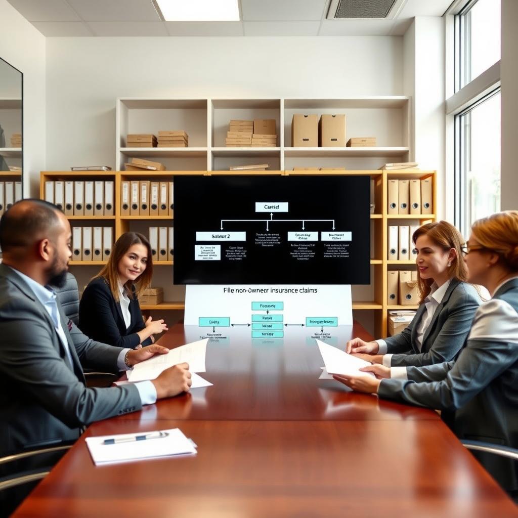 A professional and organized office environment, depicting the claims process for non-owner car insurance. In the foreground, a diverse group of individuals in business attire—two men and two women—are seated around a conference table, analyzing documents and discussing the claims process. The middle ground features a large screen displaying a flowchart of the steps involved in filing a non-owner car insurance claim. The background shows shelves filled with insurance files and a window allowing natural light to stream in, creating a bright and positive atmosphere. The overall mood is one of collaboration and professionalism, with a focus on clarity and understanding, captured through a wide-angle lens to emphasize the teamwork aspect.