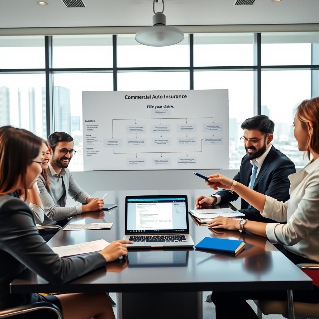A professional and organized office environment depicting the commercial auto insurance claim process. In the foreground, a diverse group of business professionals in smart casual attire are seated around a sleek conference table, examining documents and pointing at a laptop screen displaying an online claims form. In the middle, a flow chart is visible on a wall, illustrating the steps to file a claim, with icons representing each phase. The background shows a large window letting in natural light, with a cityscape view, conveying clarity and transparency. The atmosphere is collaborative and focused, with soft lighting that creates a welcoming yet professional ambiance, capturing the importance of efficient claim handling.