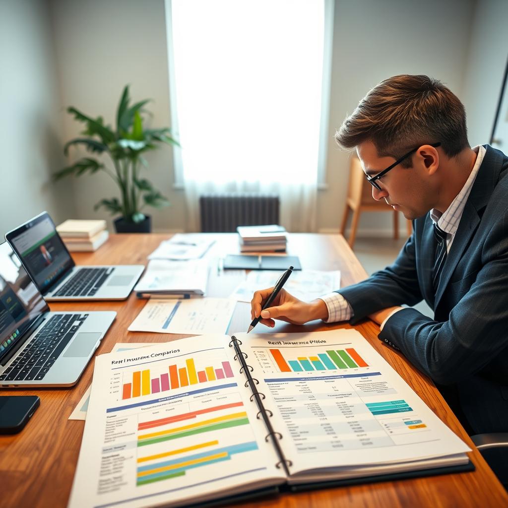 A professional and organized workspace, featuring a large wooden desk cluttered with renters insurance policy documents, graphs comparing coverage options, and a laptop displaying a comparison tool. In the foreground, a person in smart casual attire is thoughtfully reviewing the papers, with their hand resting on a pen. The middle ground showcases an open binder filled with colorful charts and notes about insurance rates and coverage details. In the background, a bright window allows natural light to flood the room, casting soft shadows. The atmosphere is focused and diligent, reflecting a serious yet calm approach to evaluating insurance options, highlighting the importance of making informed decisions. Soft focus in the background emphasizes the person and their work.
