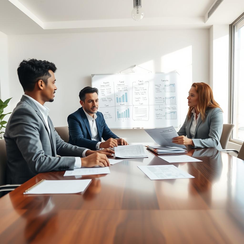 A professional and serene office setting that illustrates the tax implications of life insurance. In the foreground, a diverse group of three individuals in business attire, two men and one woman, are seated around a polished wooden conference table, examining financial documents and charts related to life insurance policies. The middle ground features a large whiteboard with diagrams and flowcharts depicting tax benefits and implications. In the background, large windows allow soft, natural light to flood the room, casting gentle shadows. The atmosphere is focused and collaborative, conveying a sense of professionalism and clarity in financial planning. The color palette is warm and inviting, with earthy tones and subtle greenery, creating a sense of trustworthiness and stability.