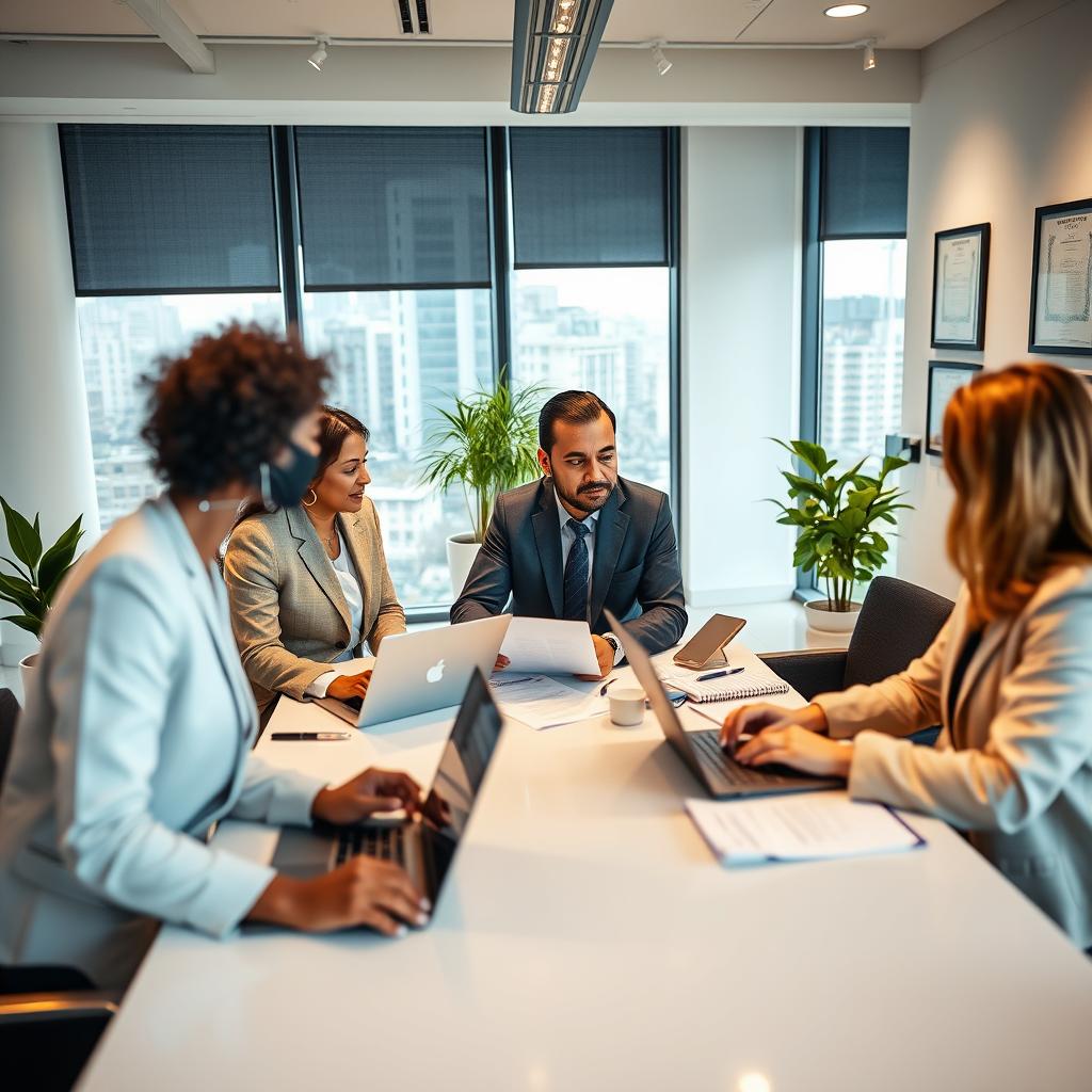 A professional business environment depicting top insurance agencies at work. In the foreground, a diverse group of three agents, a Black woman, a Hispanic man, and a Caucasian woman, all dressed in sharp business attire, are engaged in a discussion around a sleek conference table with laptops and insurance documents. The middle ground features a bright, modern office space with large windows allowing natural light to flood in, showcasing city views and potted plants for a touch of greenery. In the background, subtle details like framed licenses and certifications on the walls highlight professionalism. The mood is collaborative and focused, with soft, warm lighting emphasizing productivity and expertise. Capture this scene from a slight overhead angle, showcasing both the agents and the office environment harmoniously.