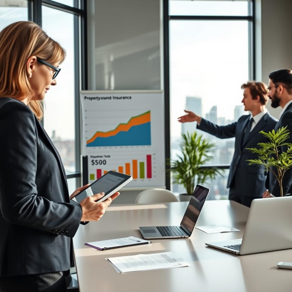A professional business setting depicting a modern office environment, featuring a diverse group of business people discussing property insurance options. In the foreground, a middle-aged woman in a tailored blazer reviews a digital tablet, while a young man in a suit gestures towards a colorful chart on the wall showing trends in insurance costs. The middle ground includes a sleek conference table with documents, a laptop, and a plant to add warmth. The background reveals large windows with natural light streaming in, showcasing a city skyline. The mood is collaborative and focused, conveying a sense of urgency and responsibility in managing business assets. Camera angle is slightly elevated, capturing the dynamic interactions and the professional atmosphere.