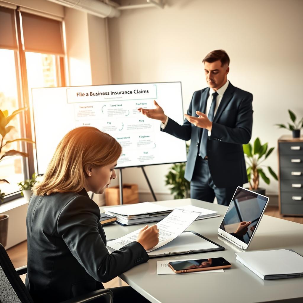 A professional business setting illustrating the steps to file a business insurance claim. In the foreground, a focused businesswoman in a tailored suit is reviewing paperwork and writing notes at her sleek desk, surrounded by organized files and a laptop. In the middle ground, a man in formal attire gestures towards an infographic on a screen that outlines the claim process, showcasing clearly defined steps. The background features a modern office with large windows letting in natural sunlight, plants in the corners, and a filing cabinet. The atmosphere is formal yet collaborative, conveying diligence and clarity in the insurance claim process, with soft, warm lighting to enhance the professional tone.