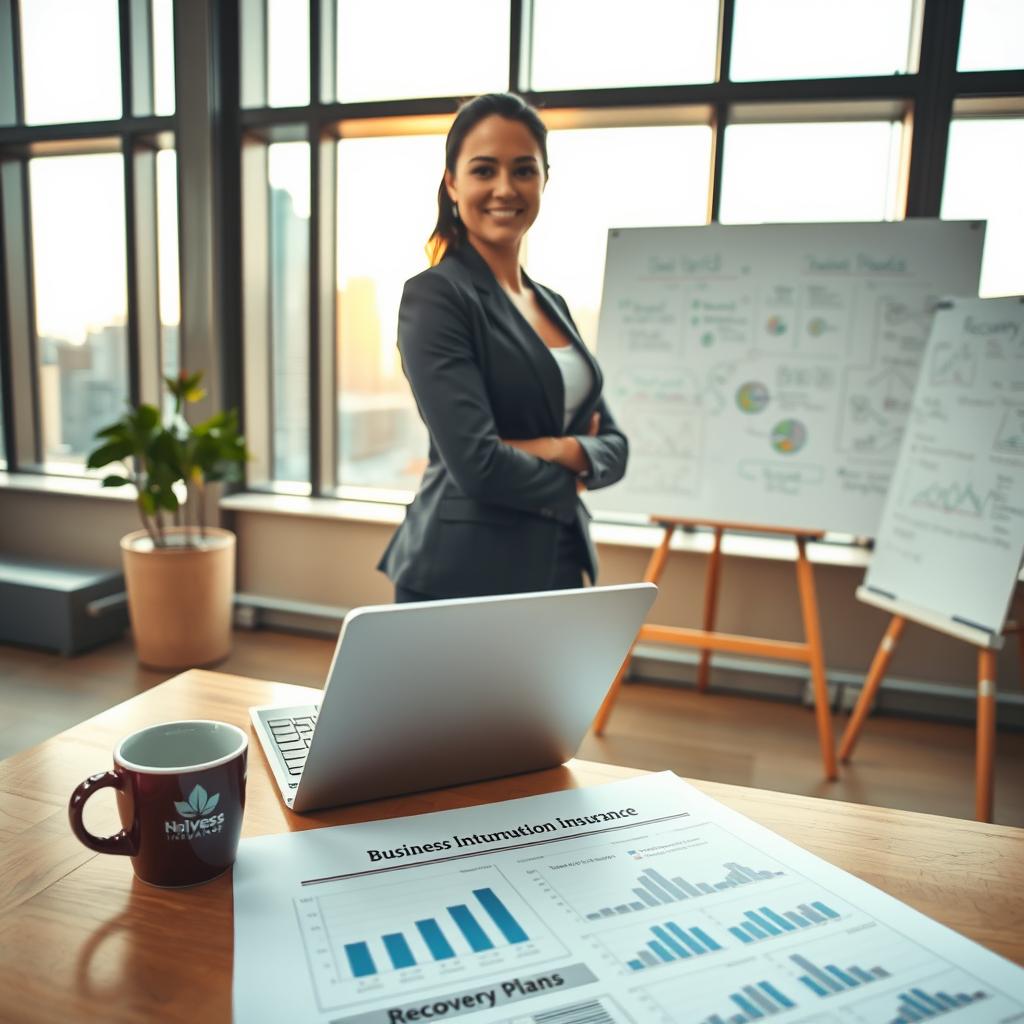 A professional business woman standing confidently in a modern office environment, with a laptop open in front of her displaying graphs and recovery plans. In the foreground, a document labeled "Business Interruption Insurance" lies next to a coffee cup, symbolizing preparedness. The middle ground features a partially visible whiteboard filled with strategic plans and ideas, emphasizing the recovery process. In the background, large windows reveal a city skyline bathed in warm, natural light, creating an optimistic atmosphere. The scene is shot from a slight low angle to convey empowerment and hope. The overall mood reflects resilience and strategic planning, with soft, professional lighting highlighting the character's focused expression.