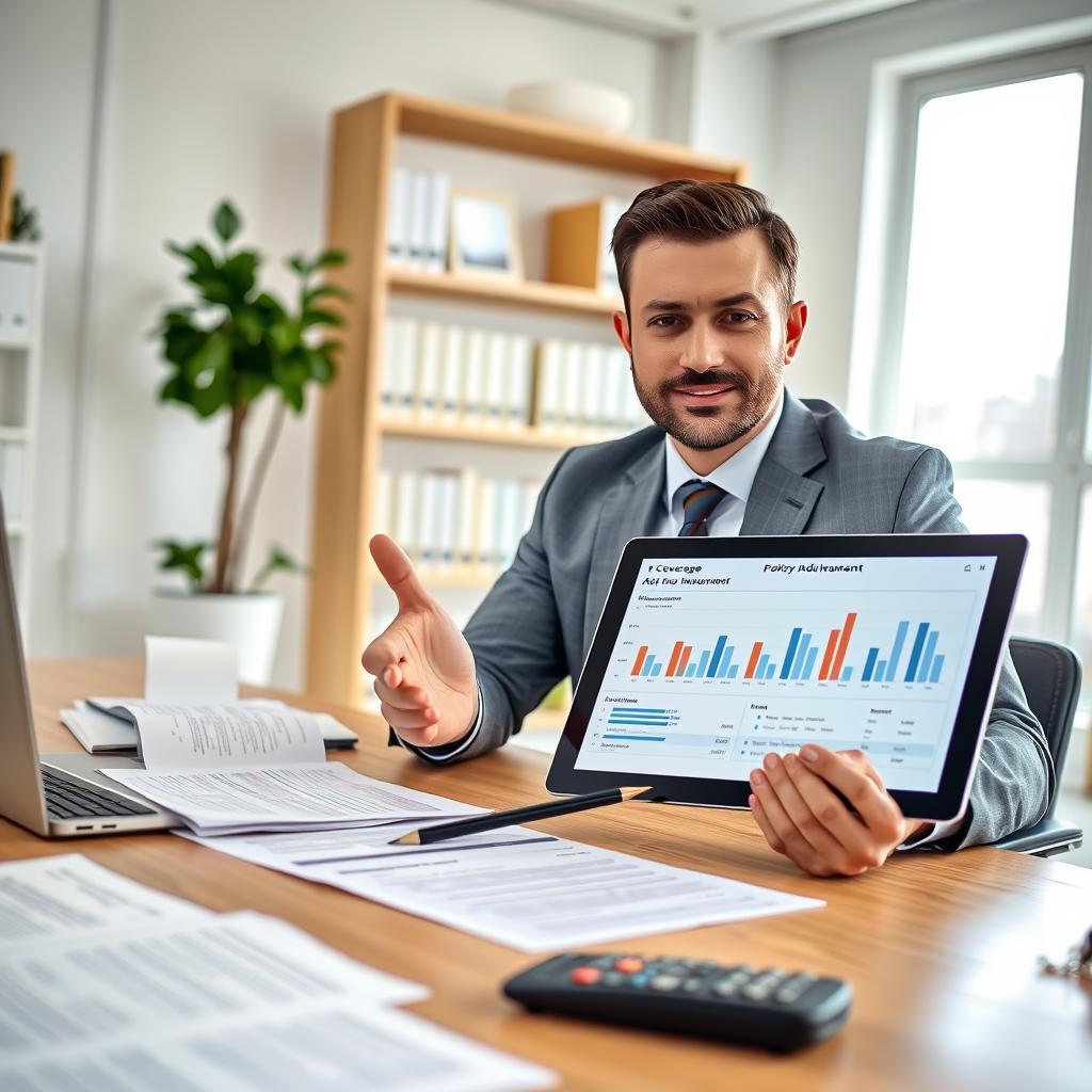 A professional insurance agent sitting at a desk in a bright, modern office, reviewing full coverage auto insurance policy documents. The foreground features neatly organized paperwork, a laptop, and a calculator. In the middle ground, the agent, dressed in a crisp business suit, gestures toward a digital tablet displaying graphs and charts reflecting policy adjustments. The background includes shelves lined with insurance books, a potted plant, and large windows with natural light pouring in. The atmosphere is focused and productive, conveying a sense of trust and security. The image is captured with a slight depth of field, emphasizing the agent's expression of confidence and expertise in the insurance field.