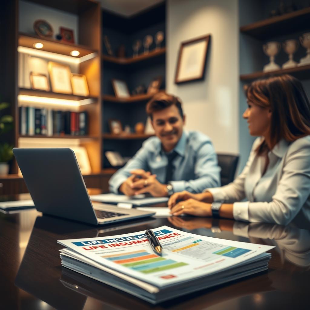 A professional insurance agent sitting at a sleek modern desk, engaging with a client over a laptop, surrounded by papers displaying colorful life insurance quotes. In the foreground, a stack of brochures about various life insurance plans is visible, with a pen resting on top. The middle layer shows a warm-toned lighting illuminating the office environment, creating a welcoming atmosphere. In the background, softly blurred shelves filled with insurance books and awards, reflecting a sense of credibility. The scene captures a moment of conversation and consultation, emphasizing professionalism and trust. The mood is optimistic and informative, inviting viewers to feel reassured about finding affordable insurance options.