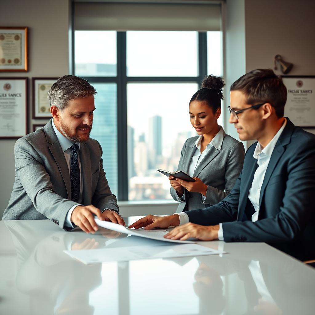 A professional insurance broker meeting with a business owner in a modern office setting. In the foreground, the broker, a middle-aged individual in a tailored suit, is reviewing documents on a sleek conference table. The business owner, a young woman in smart casual attire, is attentively listening and jotting down notes. In the middle ground, a large window reveals a city skyline, demonstrating a bustling urban environment. On the walls, framed certificates and awards hint at the broker's expertise. Soft, warm lighting creates an inviting atmosphere, while a slight lens blur emphasizes the focused interaction between the two figures. The overall mood is collaborative and reassuring, encapsulating the importance of guidance in business property insurance.