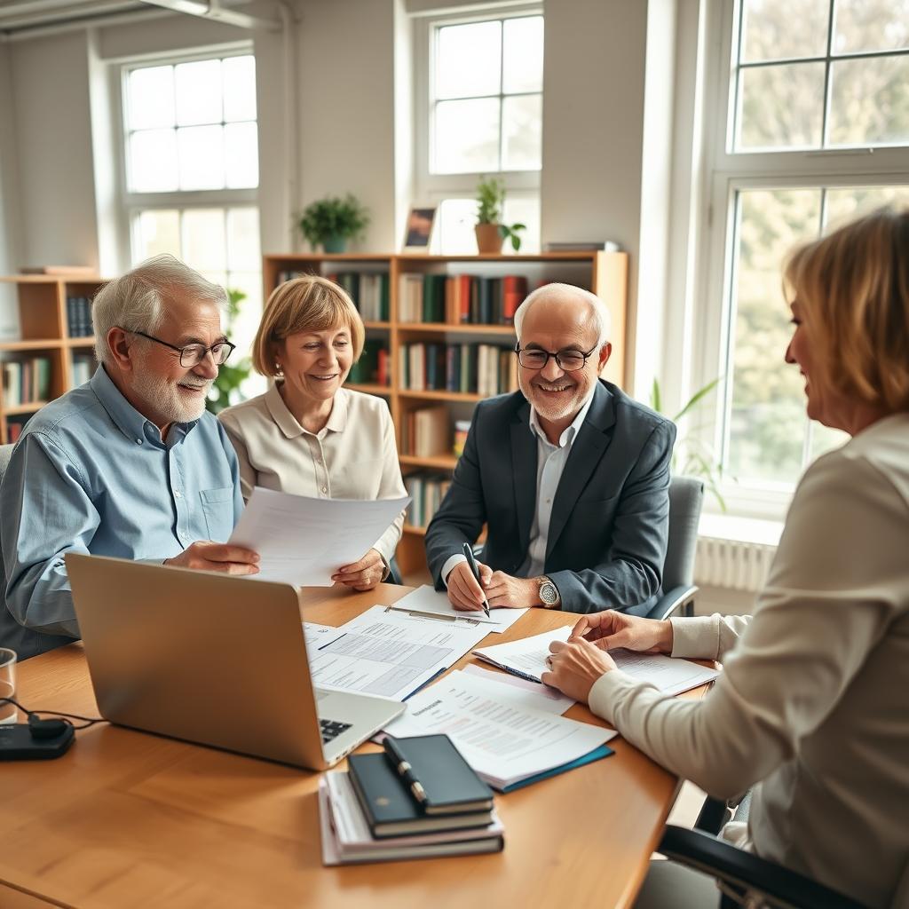 A professional life insurance underwriting process for seniors, depicted in a bright and inviting office environment. In the foreground, a senior couple, dressed in smart casual clothing, actively engaging with a friendly underwriter seated at a desk, reviewing documents and discussing important aspects of their life insurance policy. The middle ground includes an organized desktop featuring a laptop, charts, and health-related brochures. In the background, a wall of shelves filled with books on finance and insurance, and natural light streaming through large windows, creating a warm and welcoming atmosphere. Shot with a wide-angle lens to capture the interactions clearly, soft lighting enhances the approachable mood of the scene, emphasizing the importance of understanding the underwriting process in securing financial protection for the future.