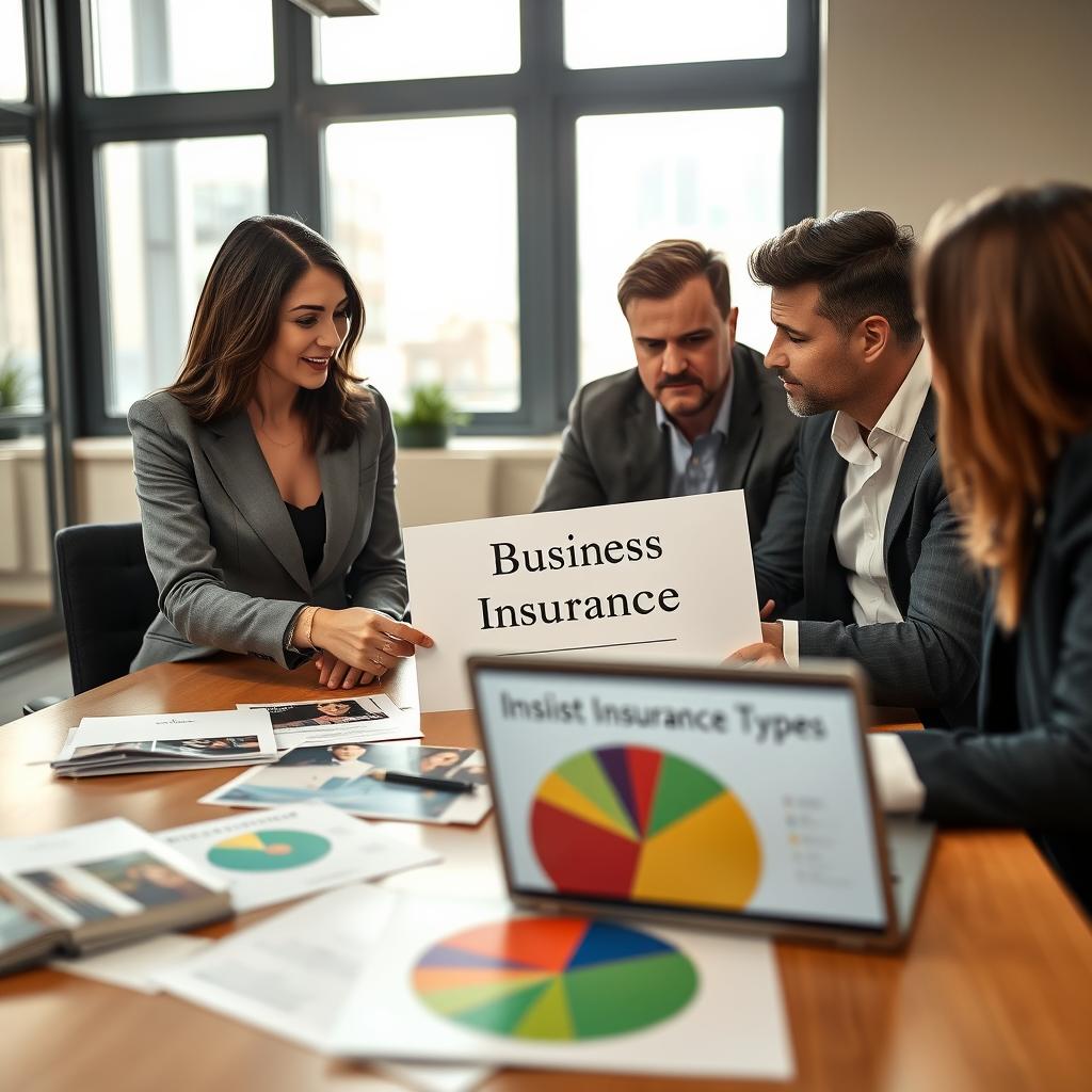 A professional office environment featuring a diverse group of small business owners discussing insurance options at a conference table. In the foreground, a woman in a smart blazer points at a document titled "Business Insurance Types". Beside her, a man in casual business attire takes notes. The middle ground showcases various insurance brochures and a laptop displaying a colorful pie chart of risk management. In the background, large windows allow natural light to pour in, illuminating the scene with a warm glow. The mood is collaborative and focused, emphasizing the importance of protection for small businesses. The camera angle is slightly elevated, capturing a dynamic perspective of teamwork and professionalism.