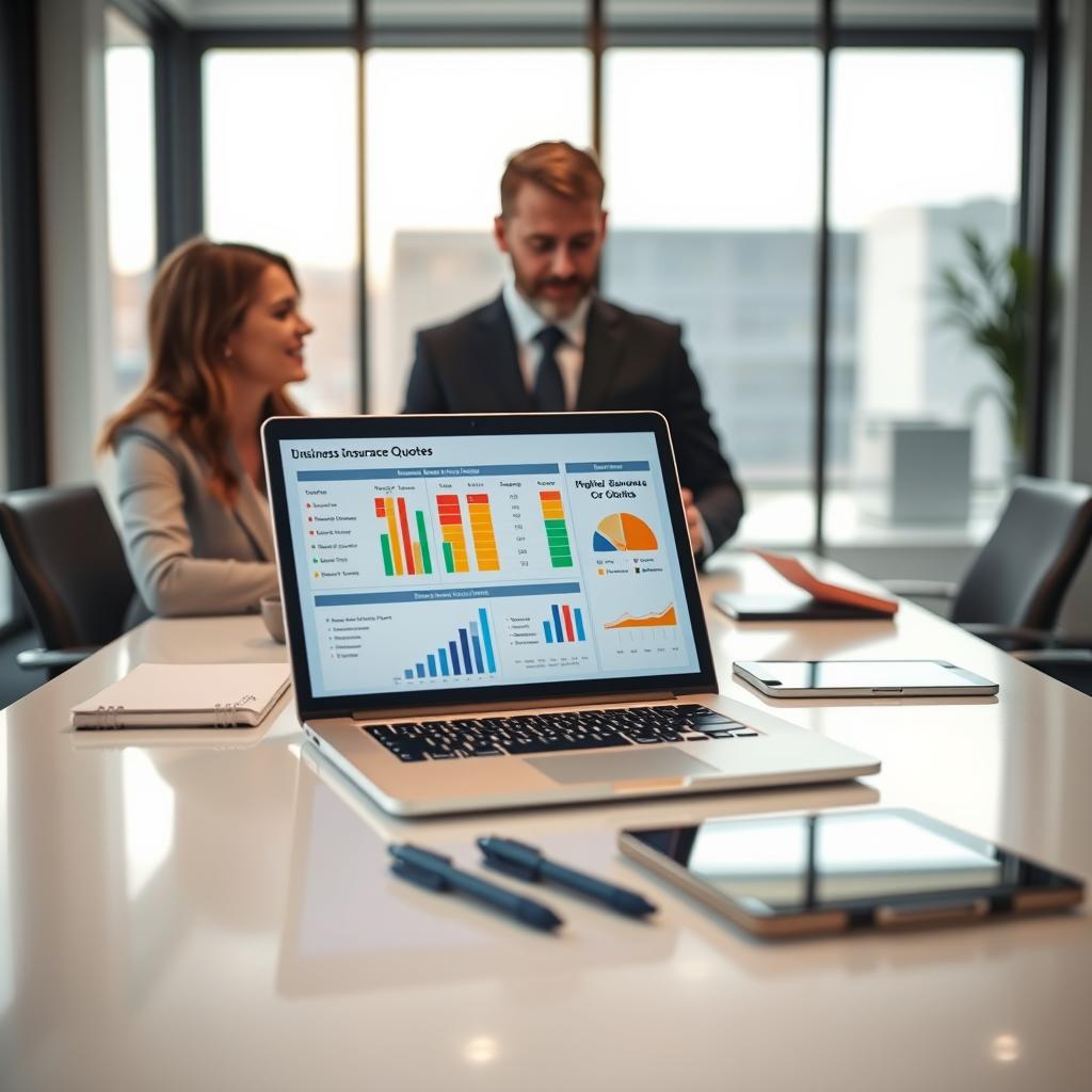 A professional office environment featuring a woman and a man in business attire engaged in comparing business insurance quotes on a laptop. In the foreground, show the laptop screen displaying several colorful, easy-to-read insurance comparison charts and graphs. The middle layers include a sleek, modern conference table with notebooks, pens, and a digital tablet, suggesting a working discussion. In the background, large windows let in natural light, illuminating the space with a warm, inviting atmosphere. Use a shallow depth of field to focus on the individuals while softly blurring the background. Aim for a balanced, productive mood that conveys professionalism and collaboration in business decision-making. A professional office environment featuring a woman and a man in business attire engaged in comparing business insurance quotes on a laptop. In the foreground, show the laptop screen displaying several colorful, easy-to-read insurance comparison charts and graphs. The middle layers include a sleek, modern conference table with notebooks, pens, and a digital tablet, suggesting a working discussion. In the background, large windows let in natural light, illuminating the space with a warm, inviting atmosphere. Use a shallow depth of field to focus on the individuals while softly blurring the background. Aim for a balanced, productive mood that conveys professionalism and collaboration in business decision-making.