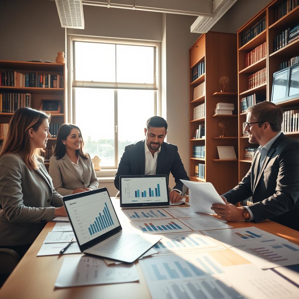 A professional office environment focusing on business insurance comparisons. In the foreground, a diverse group of three individuals—one woman in formal business attire, one man in smart casual wear, and another person in a suit—are engaged in a discussion around a large table covered with charts, documents, and a laptop displaying graphs comparing insurance premiums. The middle ground features a bright window allowing natural light to filter in, reflecting an atmosphere of clarity and professionalism. The background contains bookshelves filled with business books and awards, emphasizing expertise. The overall mood is focused and collaborative, with warm, inviting tones that convey trust and reliability. Soft shadows cast by overhead lighting add depth to the scene, enhancing the sense of a serious workspace dedicated to understanding business insurance needs. A professional office environment focusing on business insurance comparisons. In the foreground, a diverse group of three individuals—one woman in formal business attire, one man in smart casual wear, and another person in a suit—are engaged in a discussion around a large table covered with charts, documents, and a laptop displaying graphs comparing insurance premiums. The middle ground features a bright window allowing natural light to filter in, reflecting an atmosphere of clarity and professionalism. The background contains bookshelves filled with business books and awards, emphasizing expertise. The overall mood is focused and collaborative, with warm, inviting tones that convey trust and reliability. Soft shadows cast by overhead lighting add depth to the scene, enhancing the sense of a serious workspace dedicated to understanding business insurance needs.