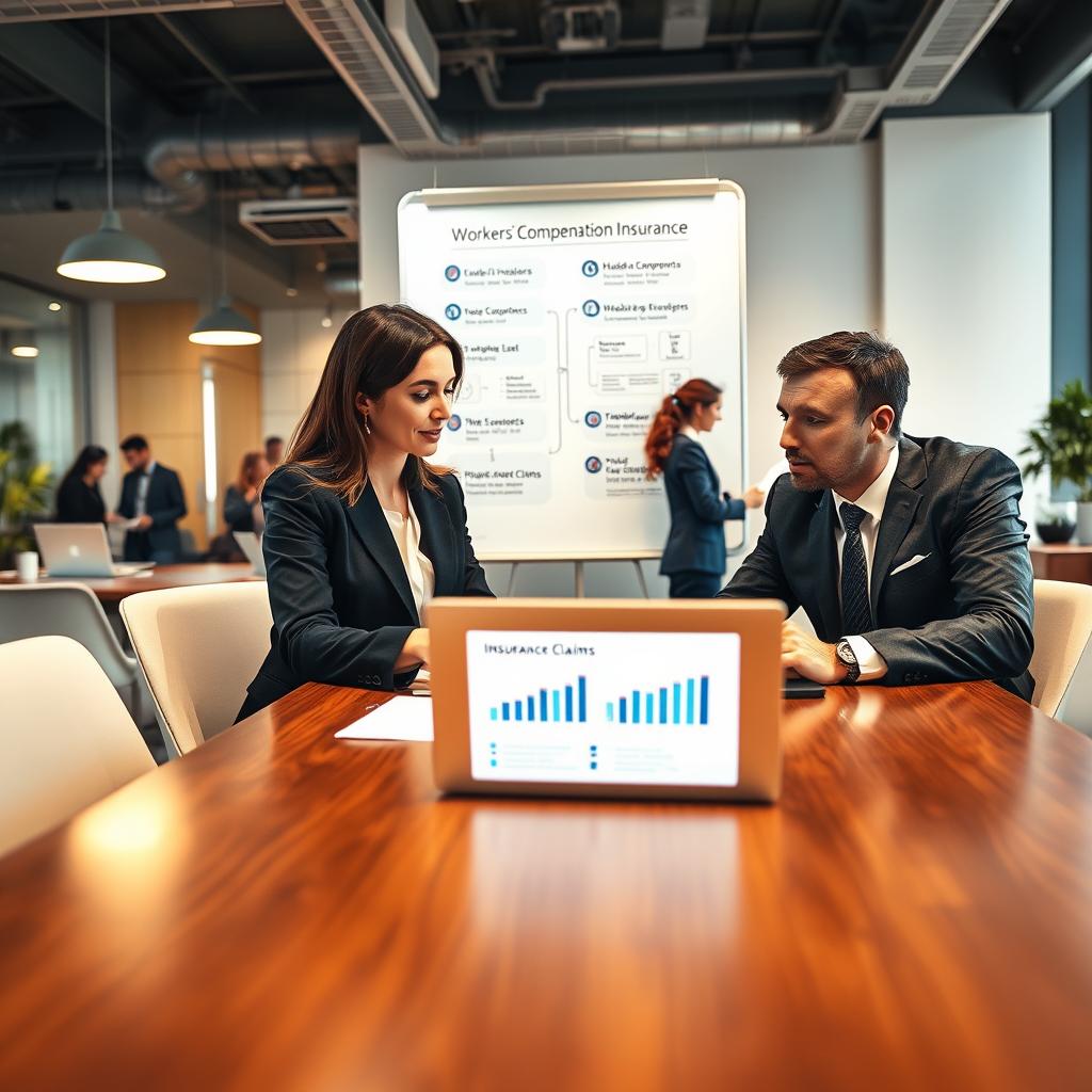 A professional office environment illustrating workers' compensation insurance. In the foreground, two business professionals, a woman and a man, are engaged in a focused discussion at a conference table, both dressed in smart business attire. The woman has a confident demeanor while pointing to a laptop screen showing graphs related to insurance claims, emphasizing analytical conversations. In the middle, a large whiteboard displays flowcharts and legal requirements for employers, contributing to the business setting. In the soft-focus background, an office with modern decor features a few employees collaborating and reviewing documents. The lighting is bright yet warm, creating an inviting atmosphere and enhancing the serious yet proactive mood surrounding workplace safety and legal compliance. The angle captures both the foreground and details of the busy office environment, emphasizing professionalism and attention to safety.