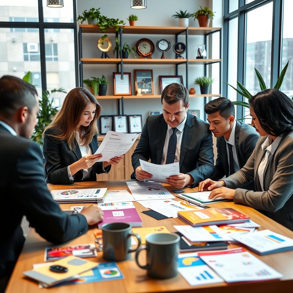 A professional office environment showcasing a diverse group of business professionals comparing various business insurance quotes. In the foreground, a table filled with colorful brochures, laptops displaying graphs and charts, and coffee mugs. Two professionals, a woman in a smart suit and a man in business casual wear, are intently reviewing documents. In the middle ground, shelves lined with awards and plants, creating a welcoming atmosphere. The background features large windows allowing natural light to flood the room, enhancing the productive mood. Capture this scene with a slightly elevated angle to emphasize the collaboration and focus on the quotes, maintaining a clean, organized aesthetic while ensuring a bright and motivating ambiance.