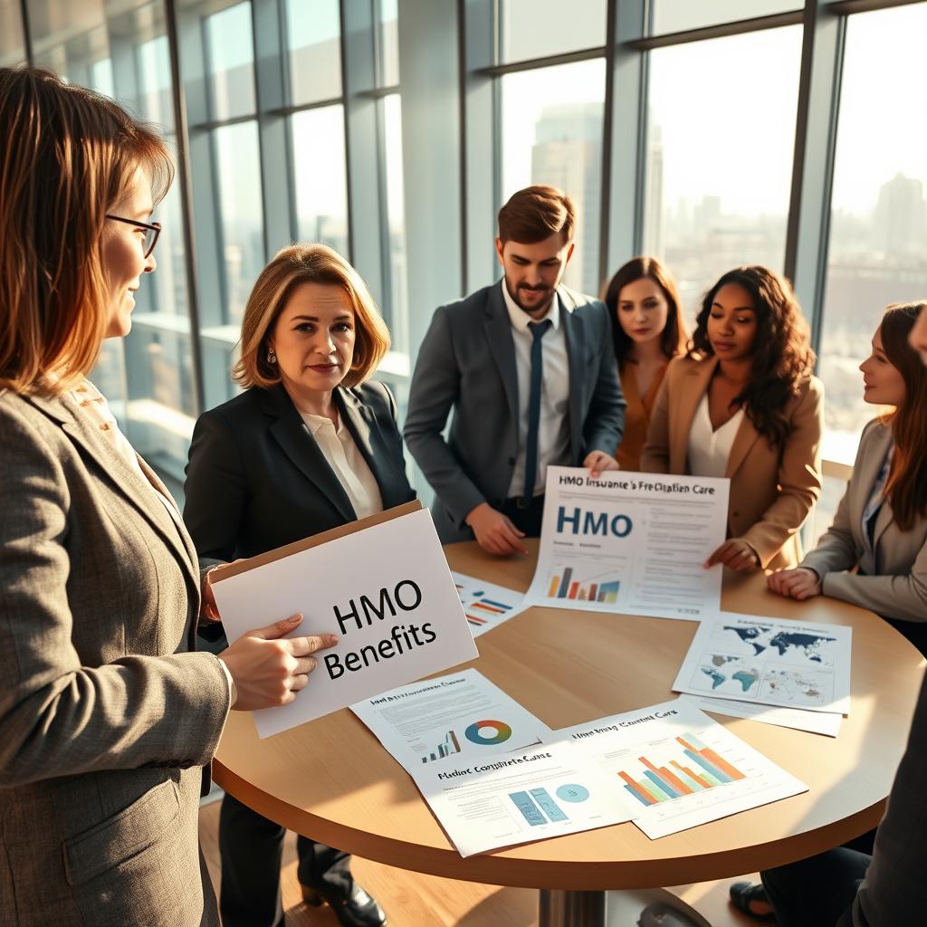A professional office environment showcasing a diverse group of individuals discussing HMO insurance benefits. In the foreground, a middle-aged woman in smart business attire holds a folder labeled "HMO Benefits" while engaging with a young man in business casual attire. In the middle, a round table features charts, graphs, and pamphlets illustrating the advantages of HMO insurance like lower costs and coordinated care. The background shows large windows allowing natural light to flood the space, with cityscape views outside, creating an optimistic and productive atmosphere. The lighting is warm and inviting, emphasizing collaboration and decision-making, shot at eye level to capture expressions of thoughtfulness and focus among the participants. A professional office environment showcasing a diverse group of individuals discussing HMO insurance benefits. In the foreground, a middle-aged woman in smart business attire holds a folder labeled "HMO Benefits" while engaging with a young man in business casual attire. In the middle, a round table features charts, graphs, and pamphlets illustrating the advantages of HMO insurance like lower costs and coordinated care. The background shows large windows allowing natural light to flood the space, with cityscape views outside, creating an optimistic and productive atmosphere. The lighting is warm and inviting, emphasizing collaboration and decision-making, shot at eye level to capture expressions of thoughtfulness and focus among the participants.