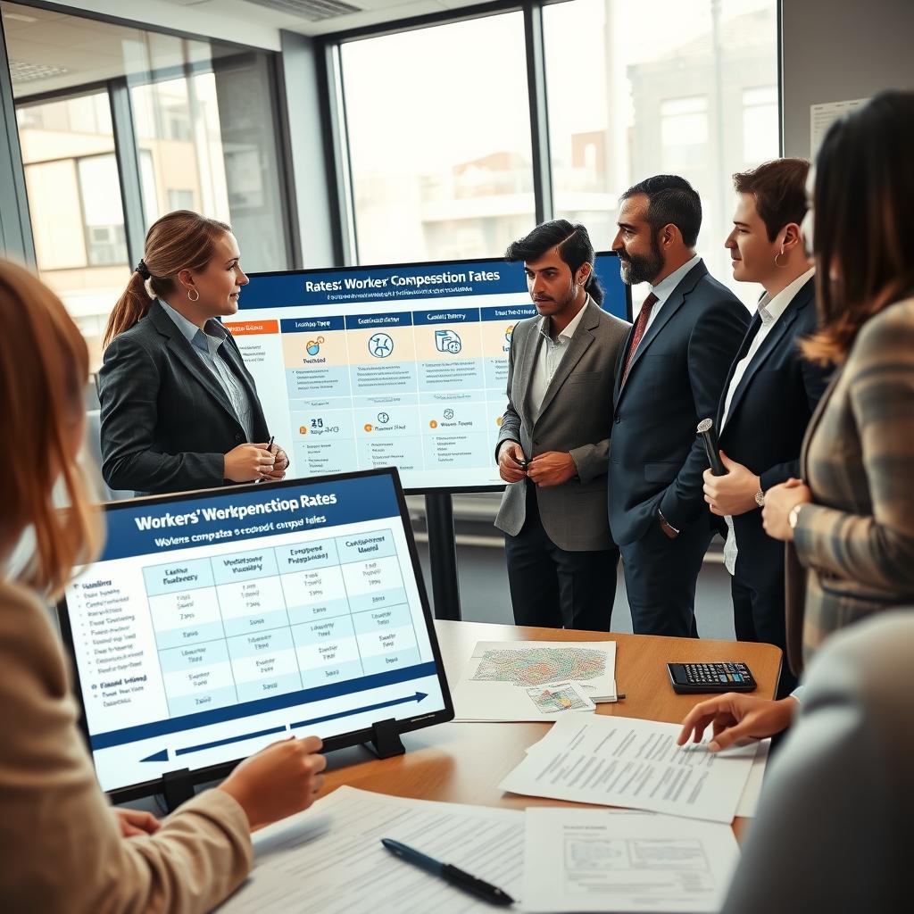A professional office environment showcasing diverse employees engaged in discussions about workers' compensation rates. In the foreground, two professionals in business attire examine a chart displaying various factors influencing workers' comp costs, such as industry type, employee classification, and claims history. The middle ground features a large digital screen with infographics illustrating the complexities of workers' comp rates, alongside a table filled with documents and calculators. The background depicts a modern office space with large windows allowing natural light to filter through, casting soft reflections. The mood is focused and collaborative, emphasizing the importance of understanding and managing workers' comp rates for employee protection. Use a slight overhead angle to capture all elements harmoniously.