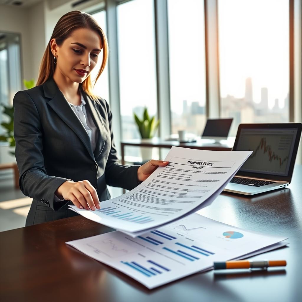 A professional office environment showcasing the concept of Business Interruption Insurance Coverage. In the foreground, a confident businesswoman in a tailored suit reviews a comprehensive insurance policy document, with graphs and charts illustrating coverage features visible on the table. The middle ground features a modern workspace with a sleek desk, a laptop displaying financial analytics, and a plant for a touch of greenery. In the background, large windows let in bright, natural light, casting soft shadows on the floor, while a city skyline can be seen in the distance, symbolizing the business landscape. The mood is focused and professional, evoking a sense of security and preparedness. Use a soft focus lens effect for a polished look, keeping the colors balanced and inviting.