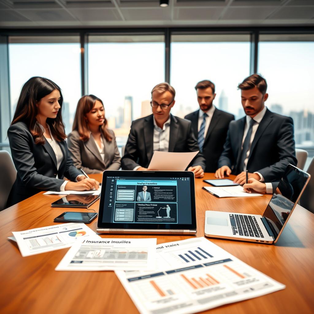 A professional office scene focused on business insurance regulations. In the foreground, a diverse group of business professionals in formal attire are gathered around a conference table, reviewing documents with visual representations of insurance policies and legal frameworks. The middle ground showcases detailed illustrations of insurance forms and charts related to regulations, alongside a laptop displaying compliance guidelines. In the background, a large window reveals a city skyline under soft, natural lighting, enhancing the atmosphere of professionalism and diligence. The scene conveys a mood of seriousness and determination, emphasizing the importance of understanding legal regulations surrounding business insurance. Use a slight tilt-shift lens effect to create a depth-of-field focus on the group while softly blurring the background elements.