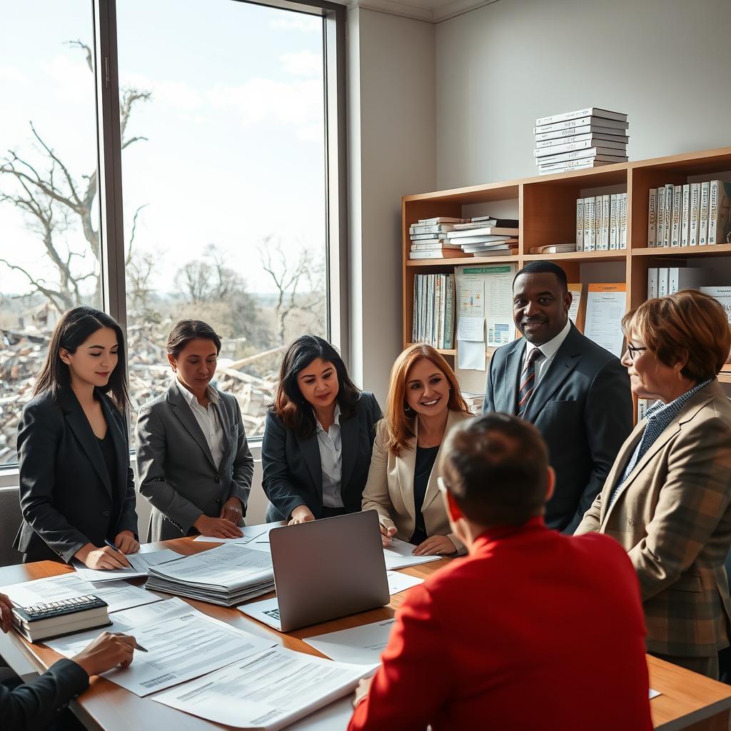 A professional office scene representing the natural disaster insurance claim process. In the foreground, a diverse group of individuals in professional business attire, including a woman of Asian descent and a man of African descent, are gathered around a table covered with claim forms and a laptop displaying a digital claims system. In the middle, a large window shows the aftermath of a natural disaster outside, with damaged trees and a clear blue sky, reflecting resilience. The background features shelves filled with insurance reference books and a bulletin board with processes and timelines. Soft, diffused natural lighting enters the room, adding a hopeful atmosphere, while the camera angle is slightly elevated to capture the teamwork and focus in the scene.