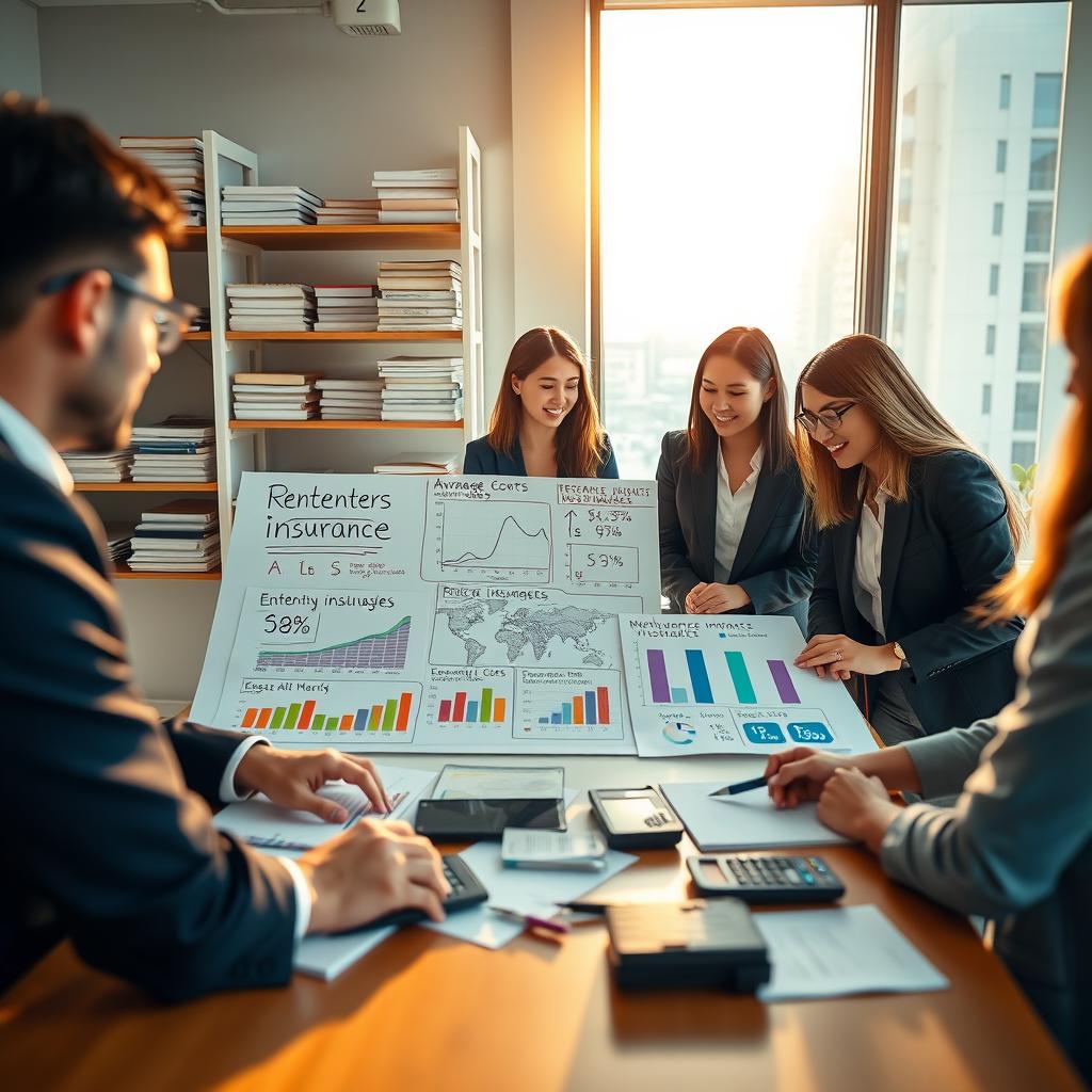 A professional office setting depicting a detailed analysis of renters insurance costs. In the foreground, a diverse group of three professionals, dressed in smart business attire, are engaged in discussion over a table covered with charts, graphs, and calculators. The middle ground features a large whiteboard with colorful visuals illustrating average costs, policy comparisons, and key statistics about renters insurance. In the background, soft-focus shelves stacked with insurance books and a window showing a sunny urban landscape create a bright atmosphere. The lighting is warm and inviting, with natural sunlight streaming in, casting soft shadows. The angle captures the focus on the collaborative atmosphere of evaluating insurance options, conveying a sense of diligence and professionalism. A professional office setting depicting a detailed analysis of renters insurance costs. In the foreground, a diverse group of three professionals, dressed in smart business attire, are engaged in discussion over a table covered with charts, graphs, and calculators. The middle ground features a large whiteboard with colorful visuals illustrating average costs, policy comparisons, and key statistics about renters insurance. In the background, soft-focus shelves stacked with insurance books and a window showing a sunny urban landscape create a bright atmosphere. The lighting is warm and inviting, with natural sunlight streaming in, casting soft shadows. The angle captures the focus on the collaborative atmosphere of evaluating insurance options, conveying a sense of diligence and professionalism.