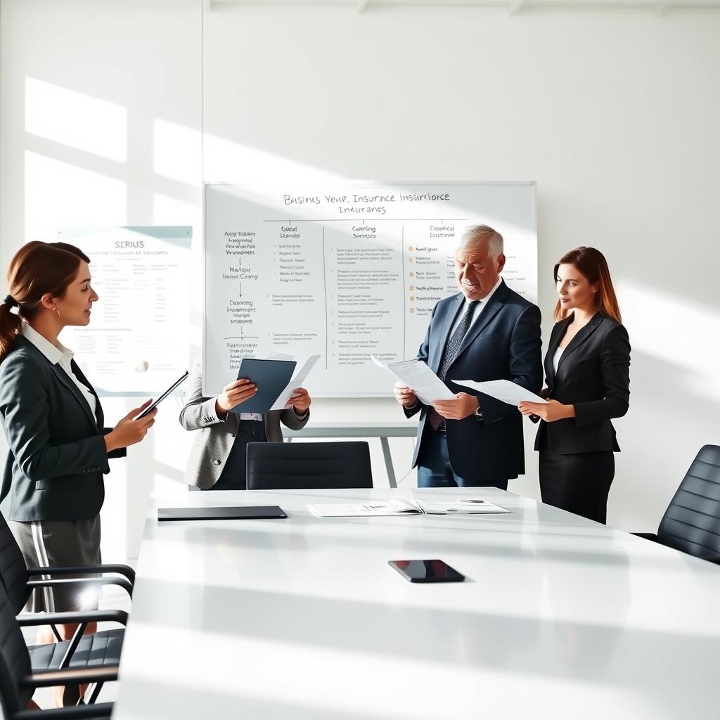 A professional office setting, featuring a diverse group of three individuals engaged in a business discussion around a sleek conference table. In the foreground, a young woman in business attire, holding a tablet, is explaining the details of different insurance quotes. A middle-aged man and a woman, both in formal attire, are attentively reviewing printed documents. The middle ground shows a large whiteboard with flowcharts and bullet points illustrating the insurance application process. In the background, natural light streams in through large windows, creating a bright and inviting atmosphere. The image should convey a sense of collaboration, professionalism, and clarity, with a focus on the process of comparing business insurance quotes. Soft shadows and balanced colors enhance the mood, capturing a moment of informed decision-making. A professional office setting, featuring a diverse group of three individuals engaged in a business discussion around a sleek conference table. In the foreground, a young woman in business attire, holding a tablet, is explaining the details of different insurance quotes. A middle-aged man and a woman, both in formal attire, are attentively reviewing printed documents. The middle ground shows a large whiteboard with flowcharts and bullet points illustrating the insurance application process. In the background, natural light streams in through large windows, creating a bright and inviting atmosphere. The image should convey a sense of collaboration, professionalism, and clarity, with a focus on the process of comparing business insurance quotes. Soft shadows and balanced colors enhance the mood, capturing a moment of informed decision-making.