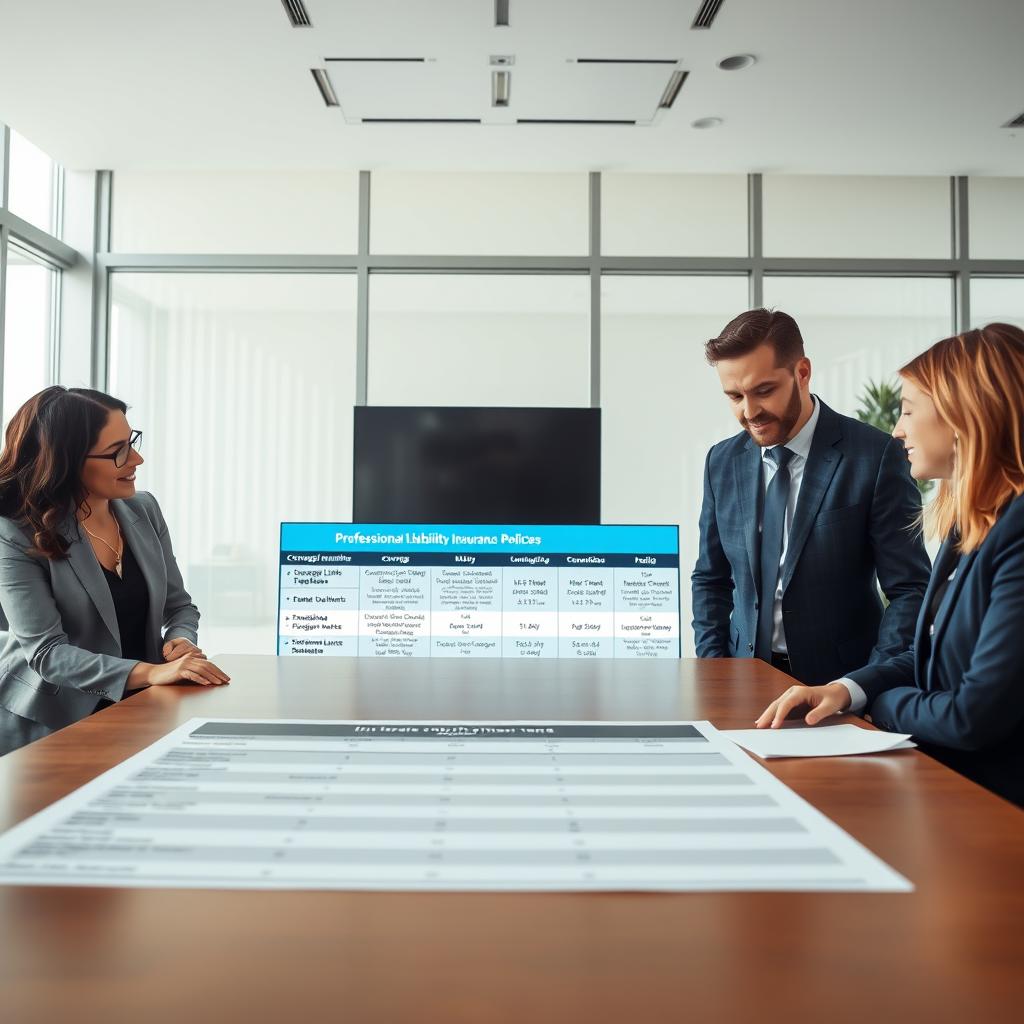 A professional office setting featuring a large table with a detailed comparison chart of various professional liability insurance policies. In the foreground, a diverse group of three professionals in business attire (two women and one man) are engaged in discussion, examining the chart intently. The middle ground shows a large digital screen displaying key policy features such as coverage limits, premium costs, and exclusions, illuminated by soft LED lighting. In the background, large windows allow natural light to flood the room, creating a bright and inviting atmosphere. The mood is focused, informative, and collaborative, suggesting a serious yet optimistic approach to choosing the right insurance policy. Capture the scene with a slight angle to create depth, using a wide-angle lens to include all elements harmoniously. A professional office setting featuring a large table with a detailed comparison chart of various professional liability insurance policies. In the foreground, a diverse group of three professionals in business attire (two women and one man) are engaged in discussion, examining the chart intently. The middle ground shows a large digital screen displaying key policy features such as coverage limits, premium costs, and exclusions, illuminated by soft LED lighting. In the background, large windows allow natural light to flood the room, creating a bright and inviting atmosphere. The mood is focused, informative, and collaborative, suggesting a serious yet optimistic approach to choosing the right insurance policy. Capture the scene with a slight angle to create depth, using a wide-angle lens to include all elements harmoniously.