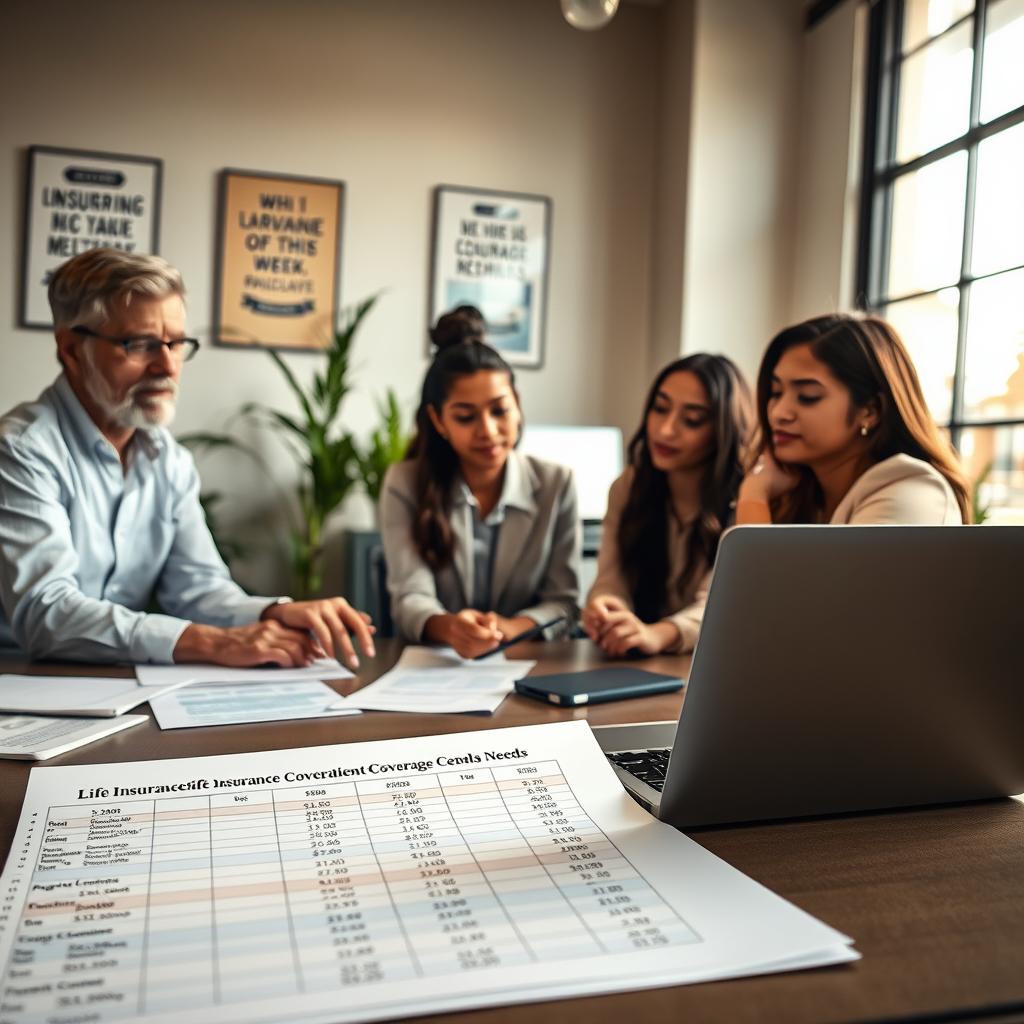 A professional office setting, focusing on a diverse group of three individuals—a middle-aged Caucasian man, a young Black woman, and a Hispanic woman—sitting around a conference table covered with documents and a laptop displaying graphs. In the foreground, a close-up of a spreadsheet with various columns labeled for life insurance coverage needs and calculations. In the middle ground, the three individuals attentively discussing while pointing at the laptop, suggesting collaboration and engagement. The background features a large window with natural light streaming in, illuminating the space and creating a warm, inviting atmosphere. The scene conveys a sense of focus, teamwork, and determination, highlighting the importance of understanding coverage needs. The room has plants and motivational posters to enhance the professional vibe, shot from a slightly elevated angle for depth. A professional office setting, focusing on a diverse group of three individuals—a middle-aged Caucasian man, a young Black woman, and a Hispanic woman—sitting around a conference table covered with documents and a laptop displaying graphs. In the foreground, a close-up of a spreadsheet with various columns labeled for life insurance coverage needs and calculations. In the middle ground, the three individuals attentively discussing while pointing at the laptop, suggesting collaboration and engagement. The background features a large window with natural light streaming in, illuminating the space and creating a warm, inviting atmosphere. The scene conveys a sense of focus, teamwork, and determination, highlighting the importance of understanding coverage needs. The room has plants and motivational posters to enhance the professional vibe, shot from a slightly elevated angle for depth.
