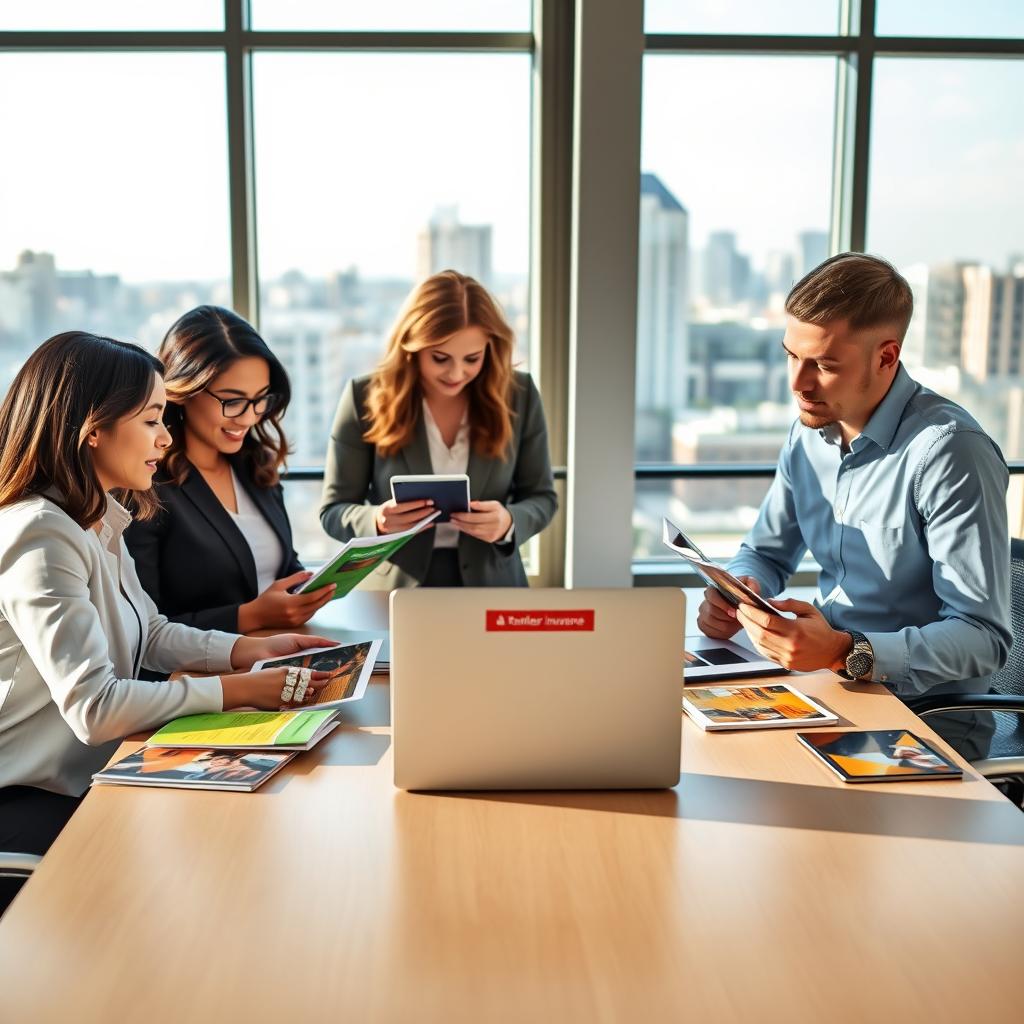 A professional office setting illustrating the concept of choosing a bundling option for renters insurance. In the foreground, a diverse group of three individuals—two women and one man—are gathered around a modern table, reviewing colorful brochures and digital devices displaying insurance options. The women are dressed in smart business attire, while the man wears a simple yet professional shirt. In the middle, an open laptop displays a comparison chart of bundling options. The background features large windows allowing natural light to fill the room, casting soft shadows and creating a bright, inviting atmosphere. A cityscape can be seen through the windows, adding to the context of modern urban living. The mood is focused and collaborative, emphasizing decision-making and clarity.