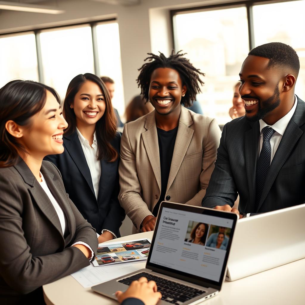 A professional office setting where a diverse group of satisfied customers shares their positive experiences about car insurance. In the foreground, a close-up of two smiling individuals—one Asian woman in smart business attire and one Black man in a tailored suit—engaged in a friendly discussion with expressions of trust and enthusiasm. The middle ground features a round table with informational brochures about different car insurance providers, and a laptop displaying customer reviews. In the background, large windows let in warm, natural light, enhancing the inviting atmosphere. The overall mood is uplifting and contemporary, signifying confidence in the choices available for car insurance. The composition should be well-balanced, with an inviting and approachable feel, ready to connect with readers seeking insights.