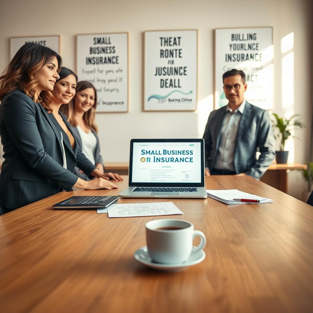 A professional office setting with a warm, welcoming atmosphere. In the foreground, a diverse group of small business owners—two women and a man—gather around a sleek wooden table covered with documents and a laptop displaying small business insurance quotes. The individuals are dressed in smart casual attire, suggesting professionalism. In the middle, a stack of folders and a calculator are placed beside a cup of coffee, symbolizing meticulous planning. The background features a large window letting in soft, natural light that enhances the inviting mood. The room is decorated with motivational posters about business growth, contributing to an optimistic ambiance. The perspective is slightly angled to capture the interaction among the business owners, focusing on the exchange of ideas and the importance of insurance in protecting their ventures.