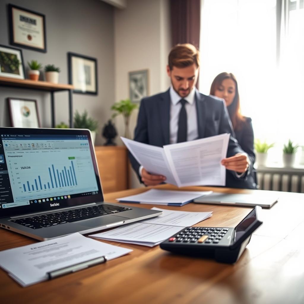 A professional setting depicting the concept of SR-22 insurance requirements. In the foreground, a neatly organized desk with a laptop displaying a financial planning app, surrounded by important documents and a calculator. The middle ground features an individual in smart business attire, reviewing insurance paperwork intently, showcasing focus and determination. In the background, a large window allows natural light to flood in, casting soft shadows and creating an inviting atmosphere. The room is adorned with subtle decor, such as potted plants and framed certificates, emphasizing professionalism and reliability. Overall, the mood is serious yet hopeful, reflecting the importance of maintaining SR-22 insurance for responsible driving and legal compliance.