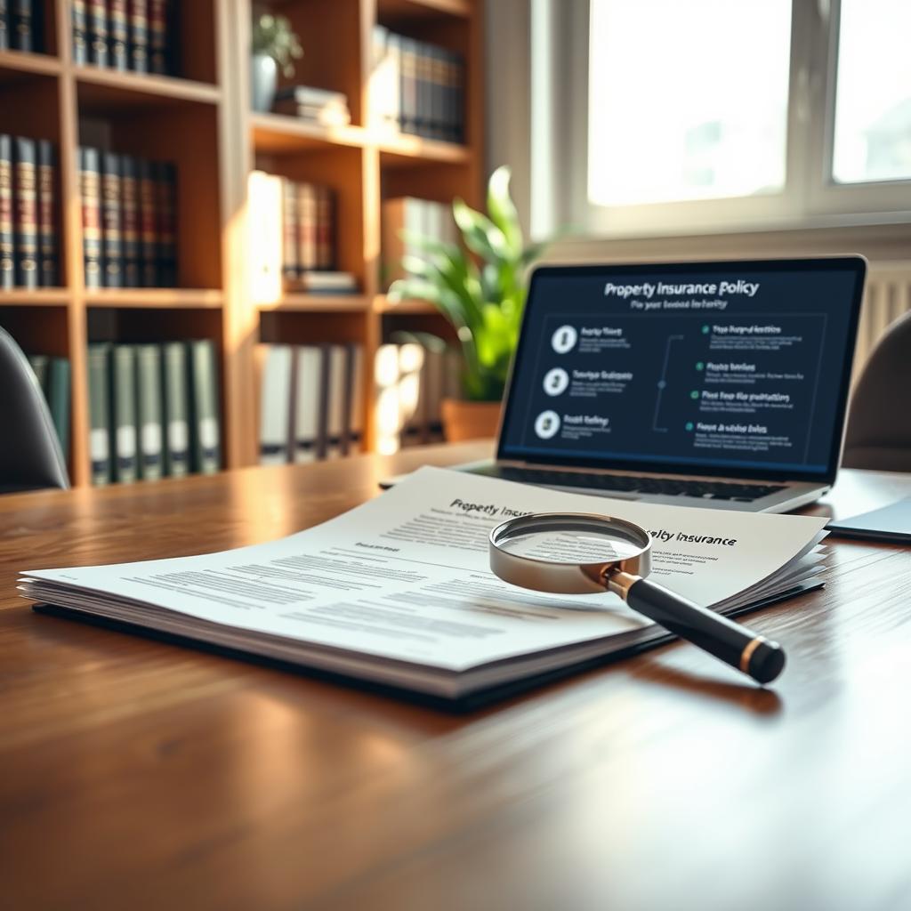 A professional setting featuring a large wooden desk in the foreground, adorned with a neatly organized property insurance policy document, highlighted with a magnifying glass resting on top. In the middle ground, an open laptop displays a digital infographic illustrating key factors in choosing a policy, with bullet points subtly visible. The background features shelves lined with legal books and a potted plant, adding a touch of greenery. The scene is illuminated by soft, natural light streaming through a nearby window, creating a warm and inviting atmosphere. The overall mood conveys seriousness and professionalism, emphasizing the importance of careful consideration when selecting insurance coverage for business property.