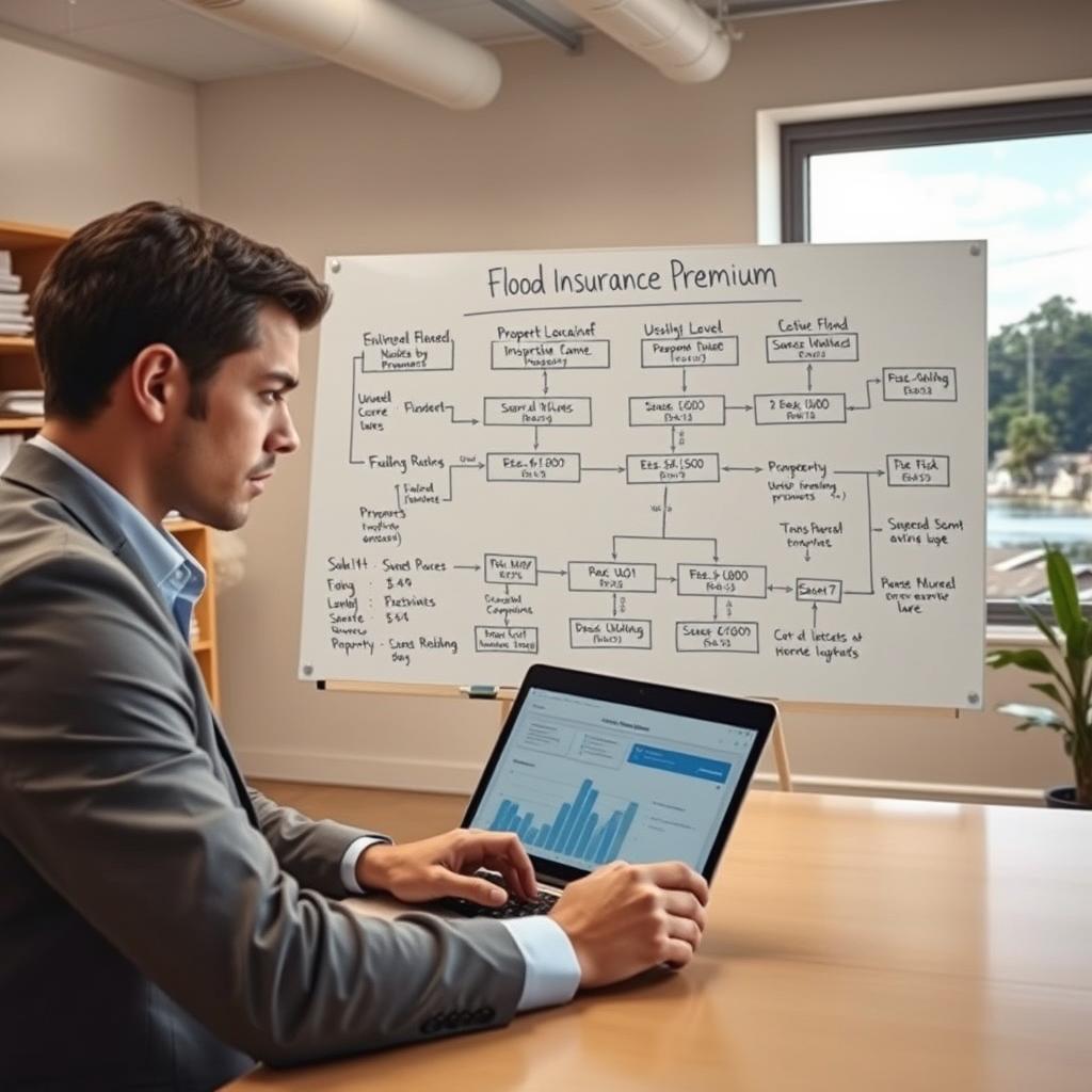 A professional setting illustrating the concept of flood insurance premium calculation. In the foreground, a focused business professional in smart casual attire is shown analyzing data on a laptop, with charts and graphs depicting premium rates on the screen. In the middle, a large whiteboard features flowcharts detailing various factors affecting flood insurance premiums, such as property location, risk levels, and coverage amounts. The background includes a well-lit office environment with shelves of insurance materials and a window displaying a scenic view of a neighborhood prone to flooding. The mood is serious yet informative, with a soft, natural lighting arrangement that creates an inviting atmosphere for learning. The composition should be photographed from a slight angle to provide depth.
