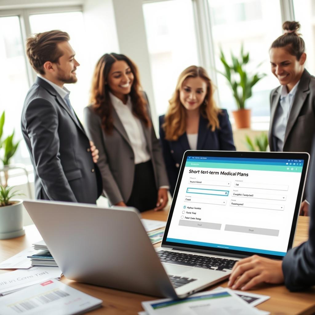 A professional setting illustrating the short-term medical plans application process. In the foreground, a diverse group of three people dressed in smart business attire, engaged in a discussion around a table filled with application forms and health plan brochures. In the middle, a laptop displaying a user-friendly online application interface, showcasing an easy-to-navigate layout with checkboxes and fields. The background features a bright and welcoming office space with large windows allowing natural light to flood in, and potted plants adding a touch of warmth. The atmosphere is collaborative and optimistic, highlighting the ease of the application process. The shot is taken from a slightly elevated angle, focusing on the participants’ faces, capturing their expressions of concentration and cooperation.
