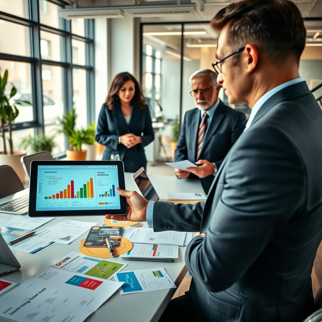 A professional setting showcasing a diverse group of individuals engaged in a discussion about health insurance. In the foreground, a confident woman in a tailored suit gestures towards a digital tablet displaying vibrant graphs and charts, while a middle-aged man in business attire listens intently, nodding. The middle layer features a large, modern conference table cluttered with documents, laptops, and colorful brochures about health insurance plans. In the background, large windows allow soft, natural light to illuminate an office space with plants and contemporary decor, creating an atmosphere of collaboration and professionalism. The image conveys a sense of importance and urgency around special enrollment periods, suggesting that these moments are key opportunities for individuals to make informed health insurance choices.