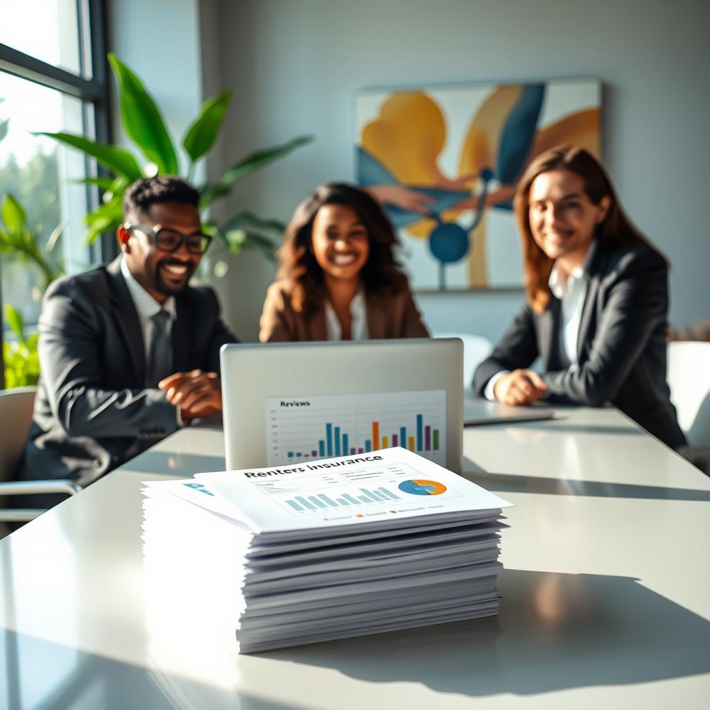 A professional setting showcasing a diverse group of three individuals sitting around a sleek conference table, engaged in an animated discussion about renters insurance. In the foreground, focus on a well-organized stack of documents labeled "Reviews" and a laptop displaying graphs and comparison charts. The middle ground features a modern office interior with natural light streaming through large windows, casting soft shadows. Fresh greenery is visible outside, enhancing the atmosphere of trust and clarity. In the background, an abstract piece of art reflects the themes of security and finance. The mood is collaborative and insightful, emphasizing customer experiences and informed decision-making. The individuals are dressed in professional business attire, ensuring a polished and serious tone.